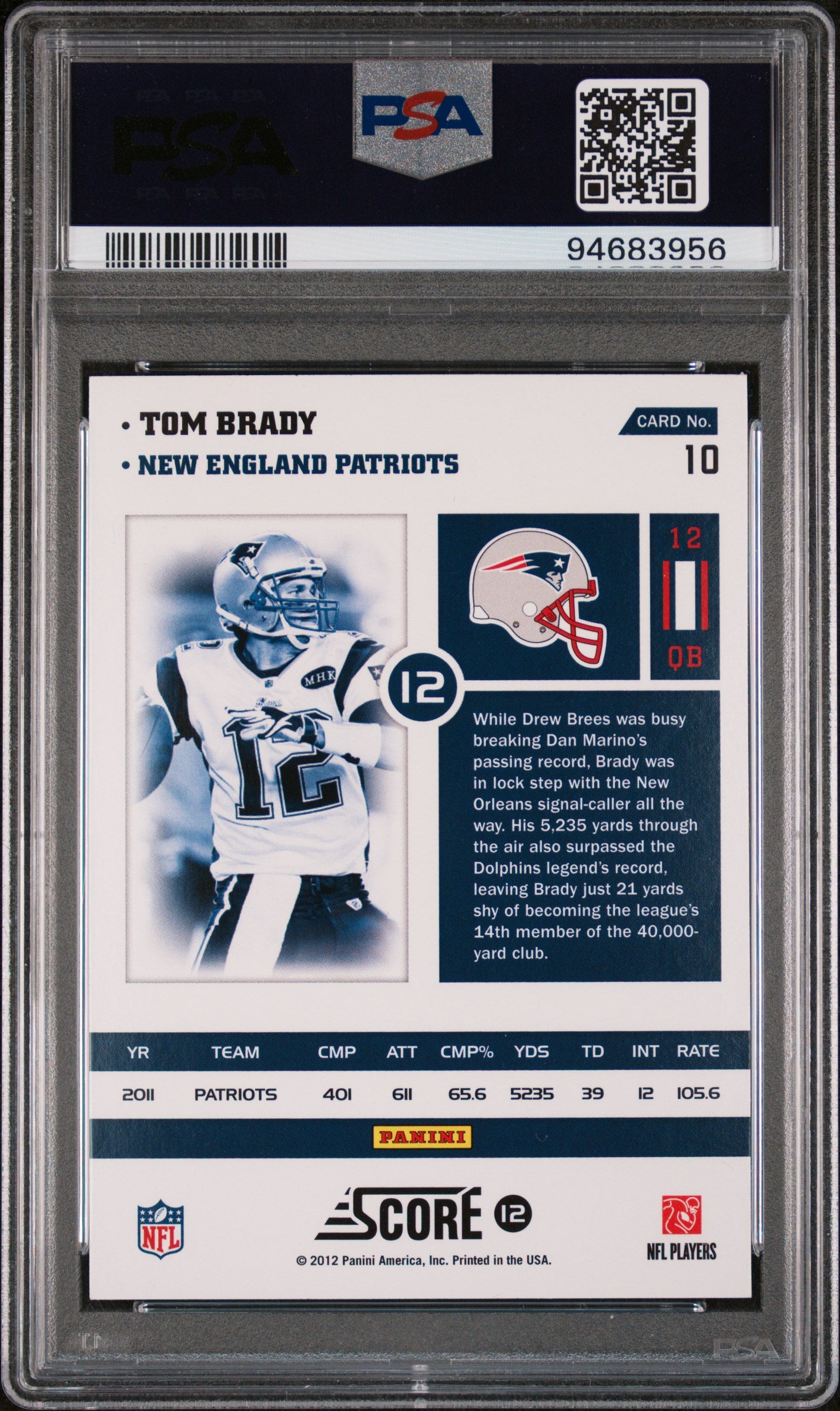 2012 Panini Score Numbers Game #10 Tom Brady Numbers Game PSA 10