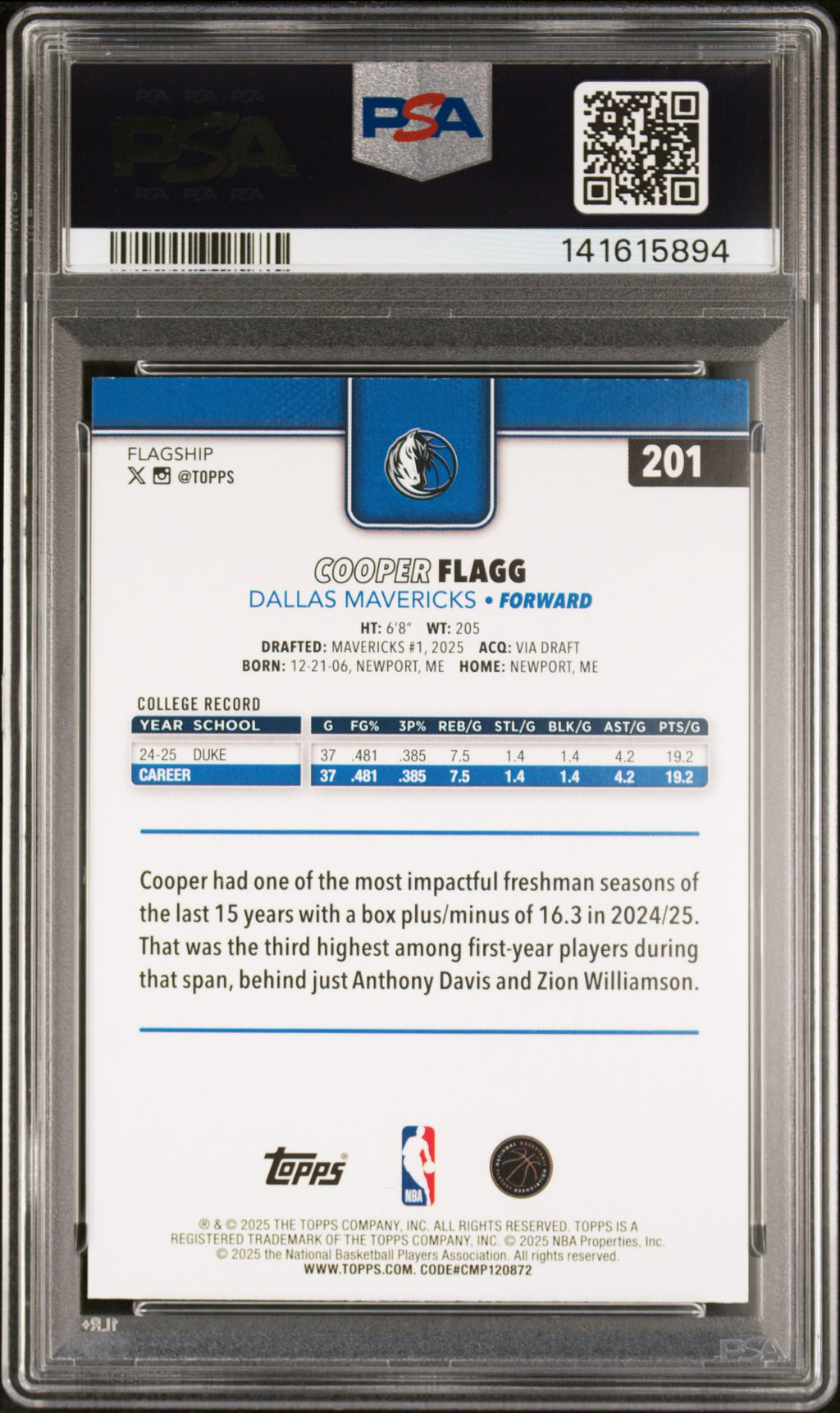 2025 Topps #201 Cooper Flagg Diamante PSA 10