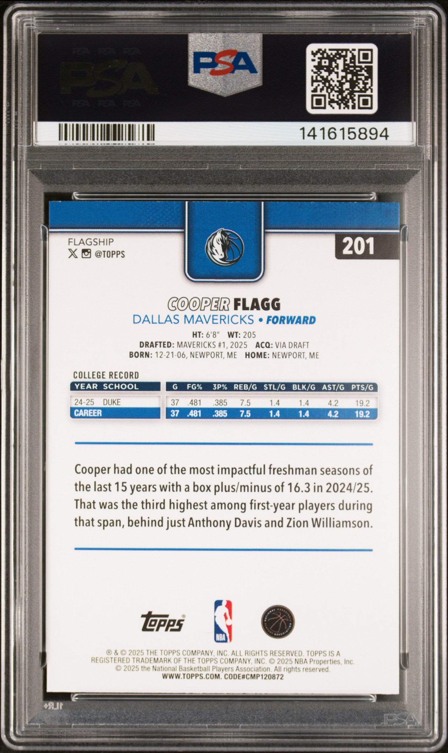 2025 Topps #201 Cooper Flagg Diamante PSA 10
