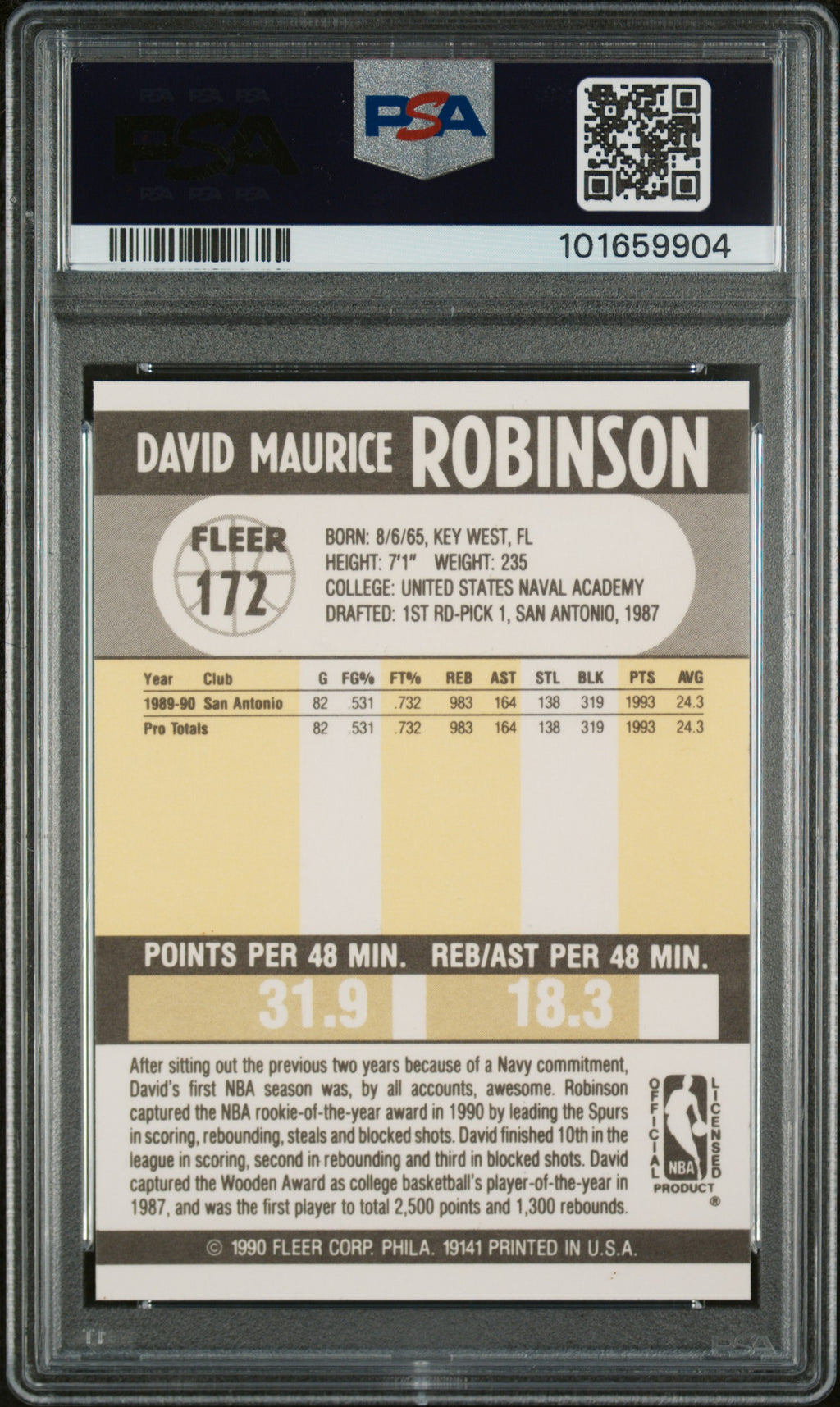 1990 Fleer #172 David Robinson PSA 9