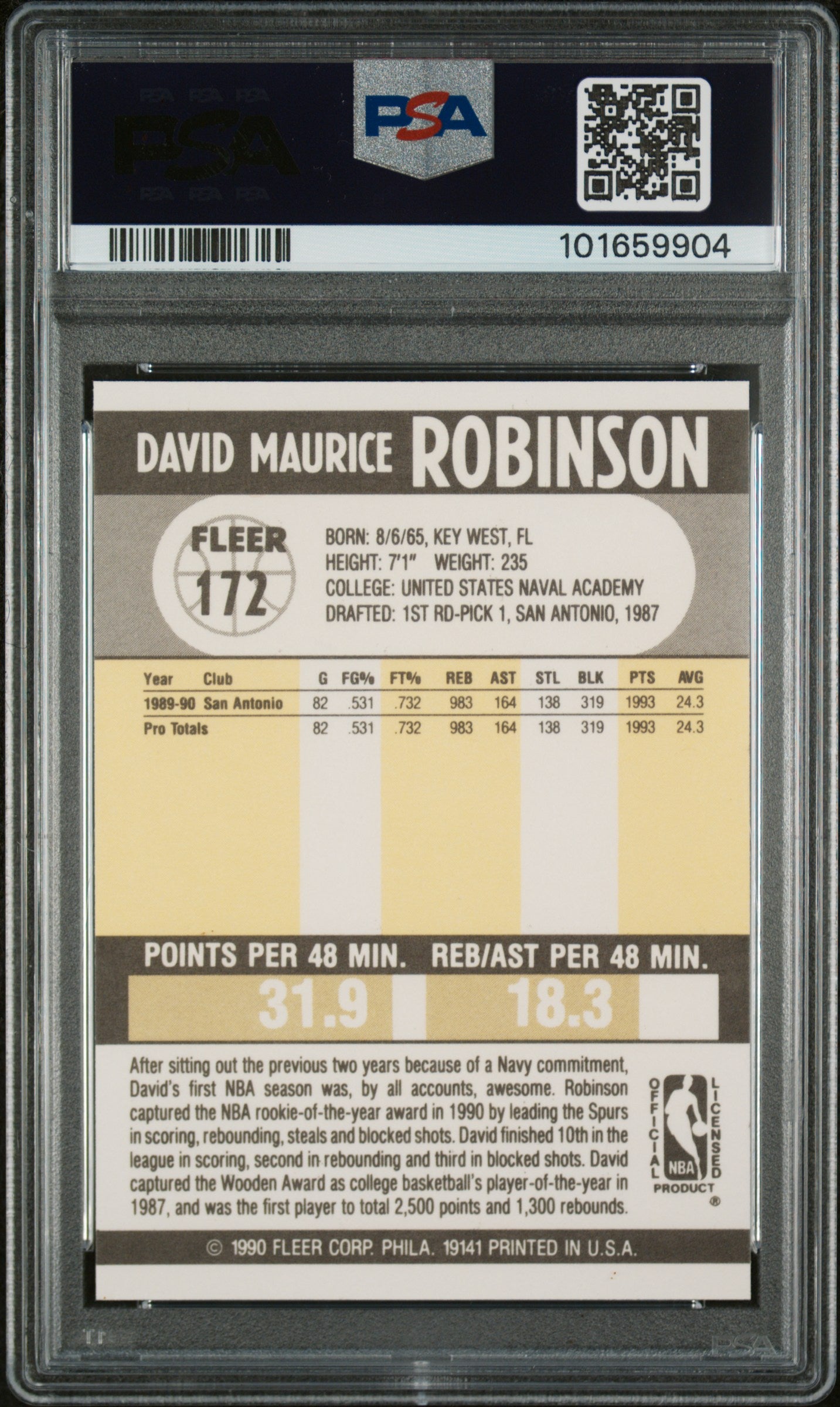 1990 Fleer #172 David Robinson PSA 9
