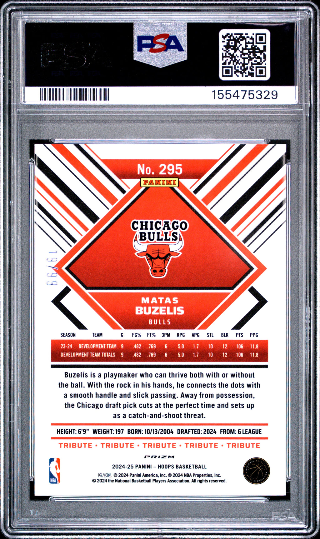 2024 Panini NBA Hoops #295 Matas Buzelis Premium Prizms Blue Pulsar PSA 8