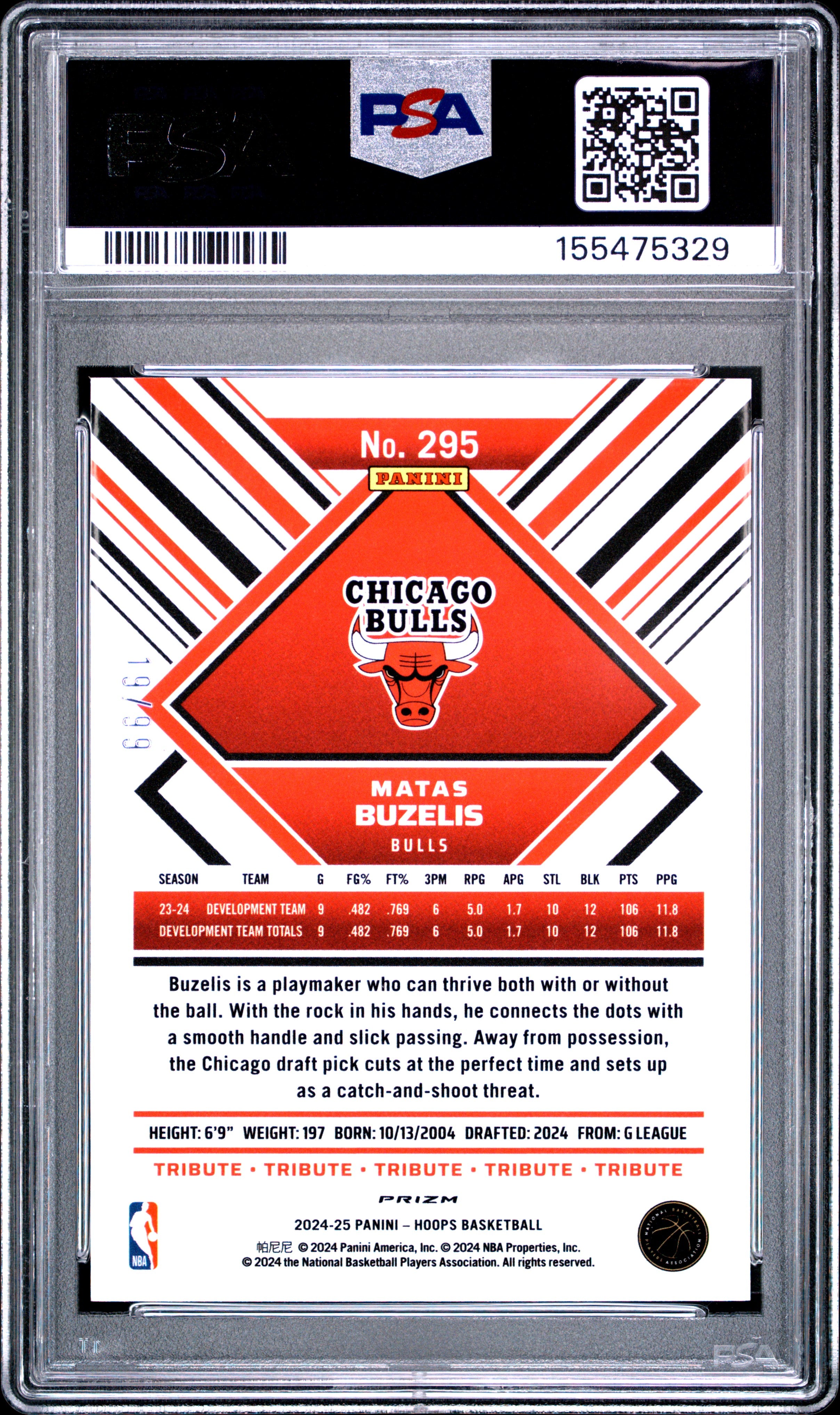 2024 Panini NBA Hoops #295 Matas Buzelis Premium Prizms Blue Pulsar PSA 8