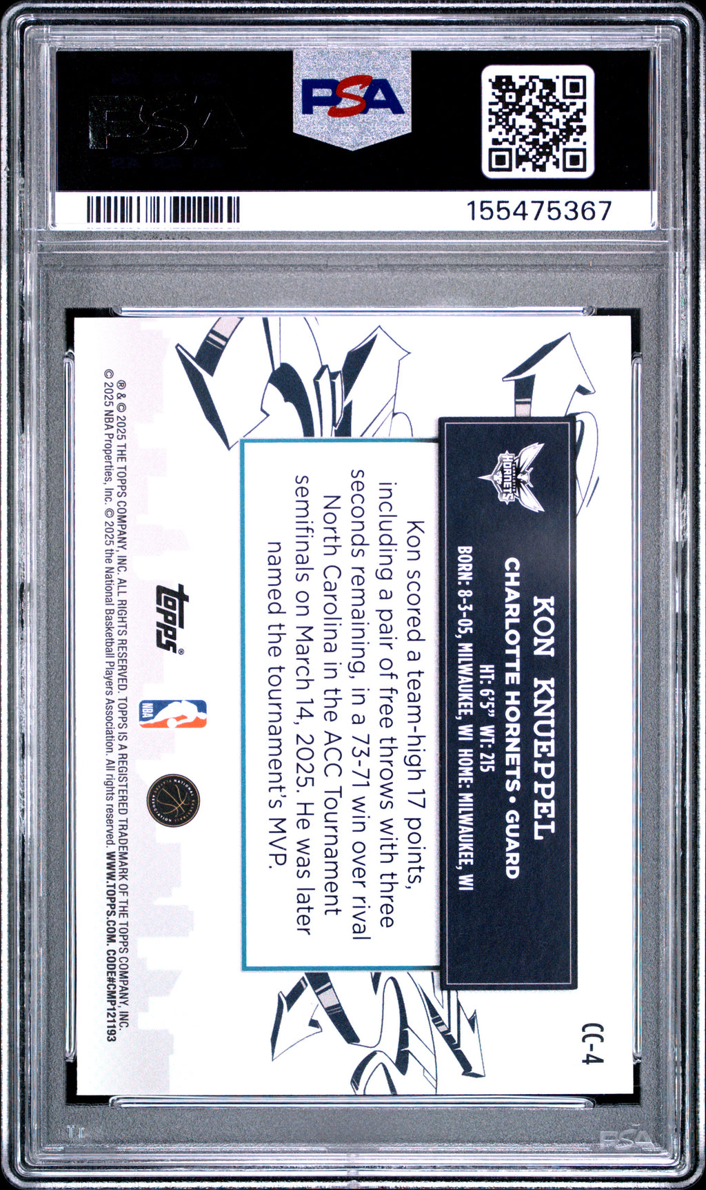 2025 Topps Clutch City Prospects #CC-4 Kon Knueppel PSA 9