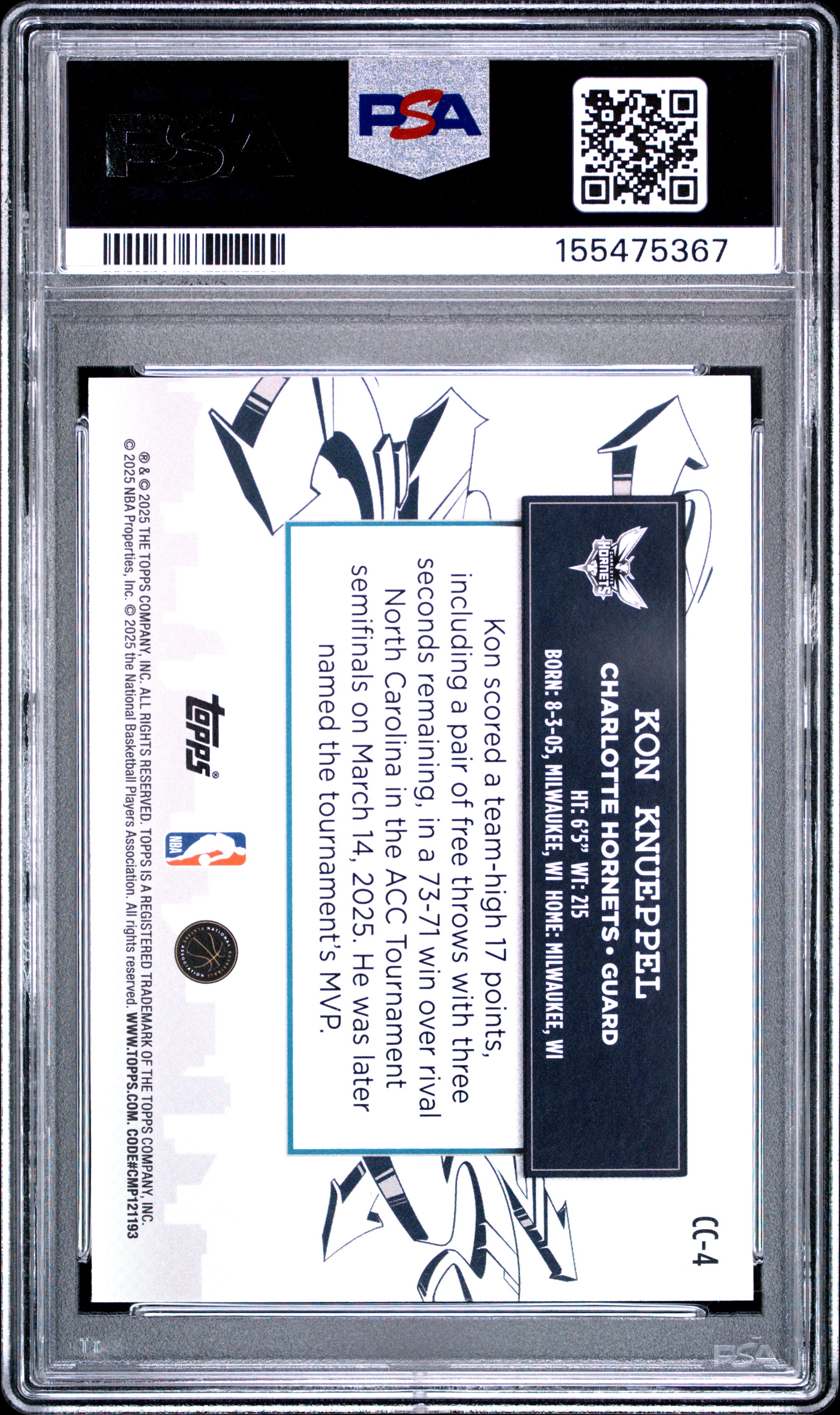 2025 Topps Clutch City Prospects #CC-4 Kon Knueppel PSA 9