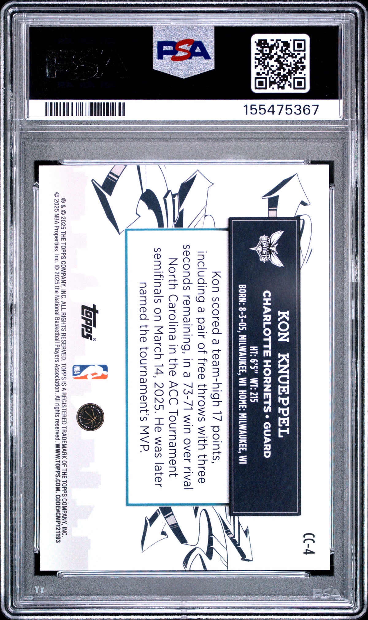 2025 Topps Clutch City Prospects #CC-4 Kon Knueppel PSA 9