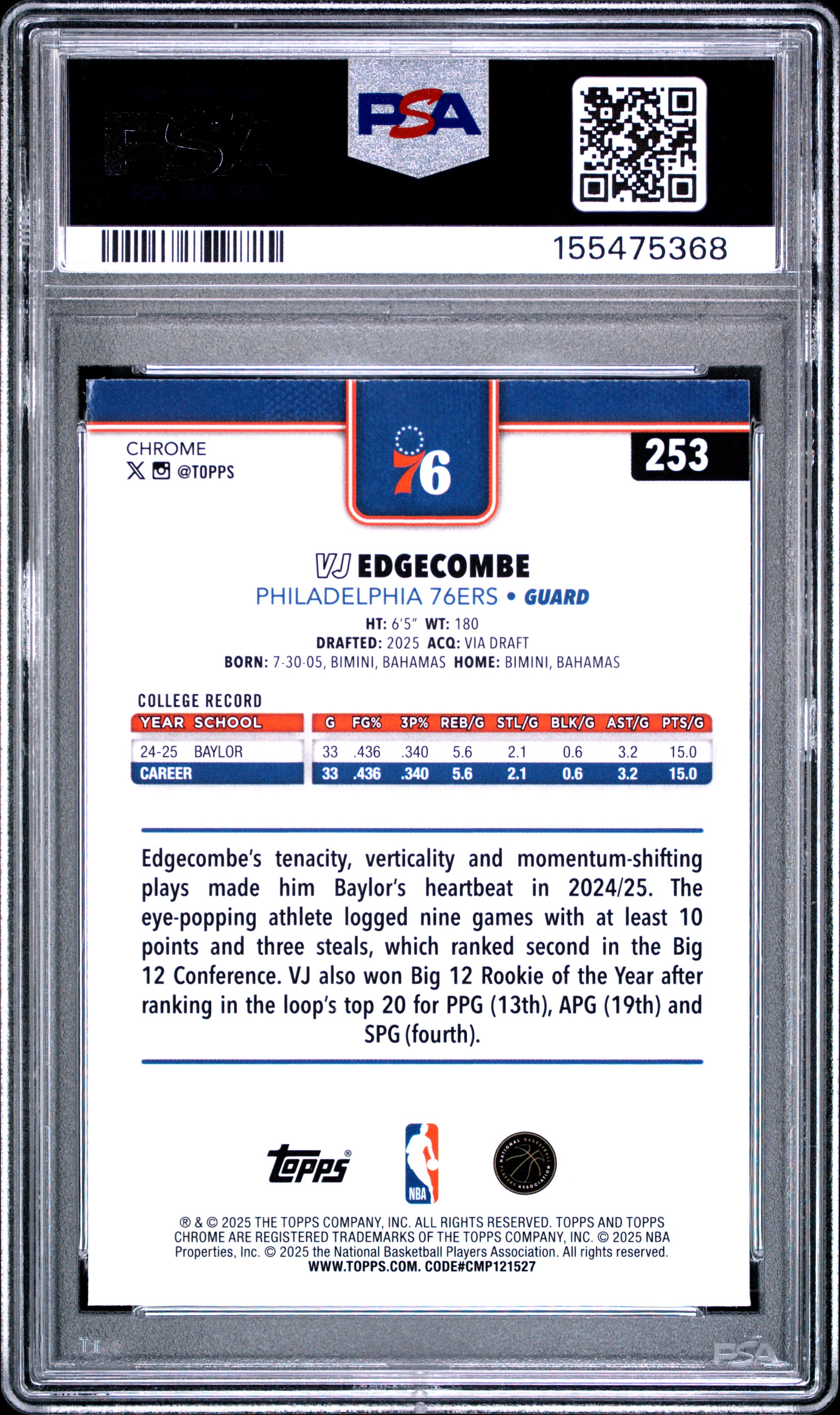2025 Topps Chrome #253 Vj Edgecombe PSA 9