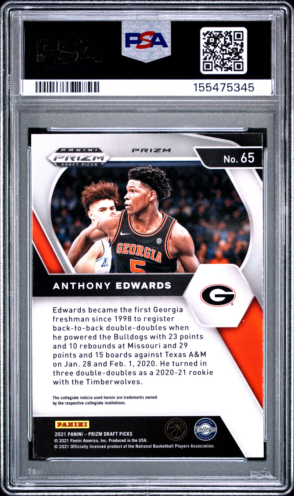 2021 Panini Prizm Draft Picks #65 Anthony Edwards Red Pulsar Prizm PSA 10