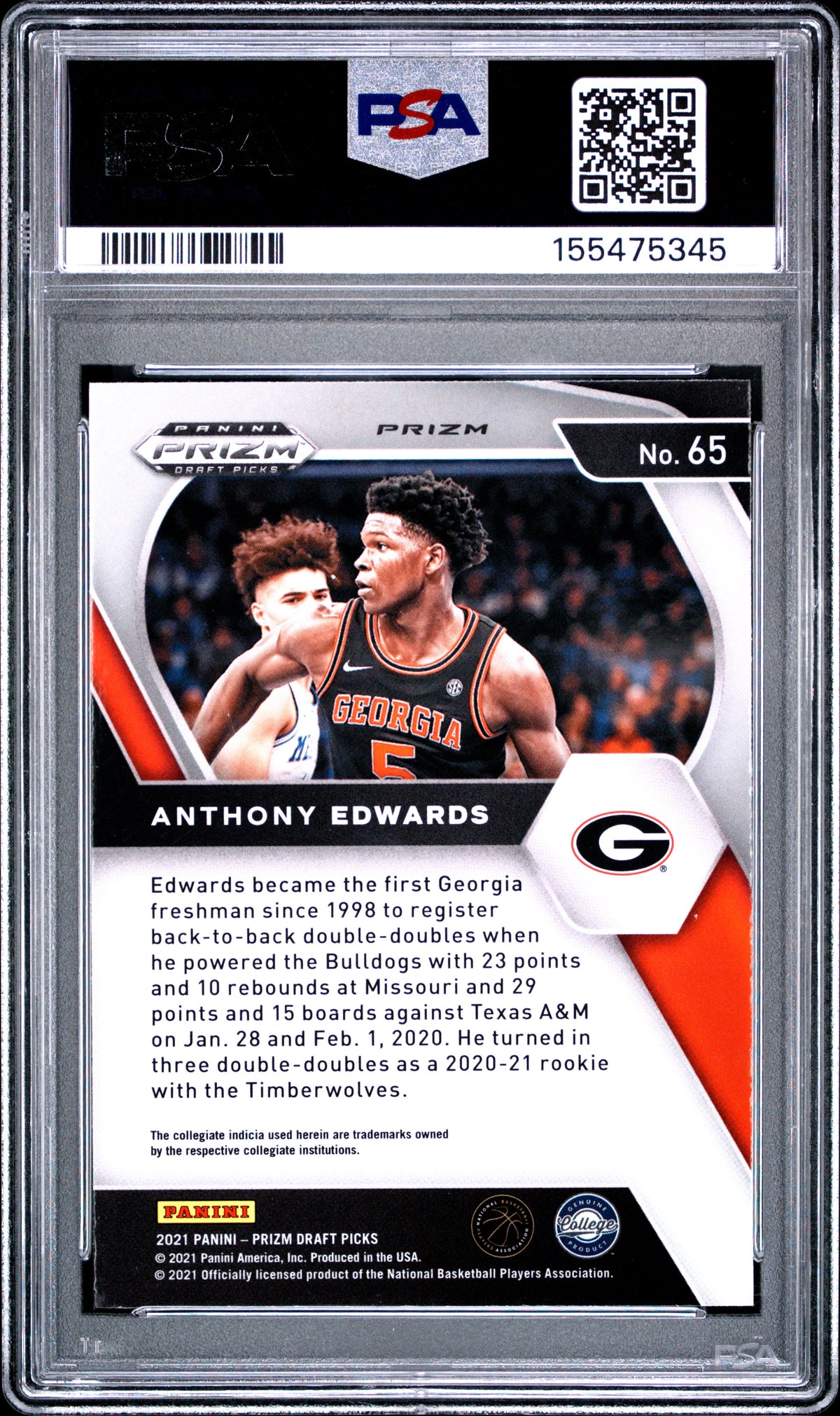 2021 Panini Prizm Draft Picks #65 Anthony Edwards Red Pulsar Prizm PSA 10