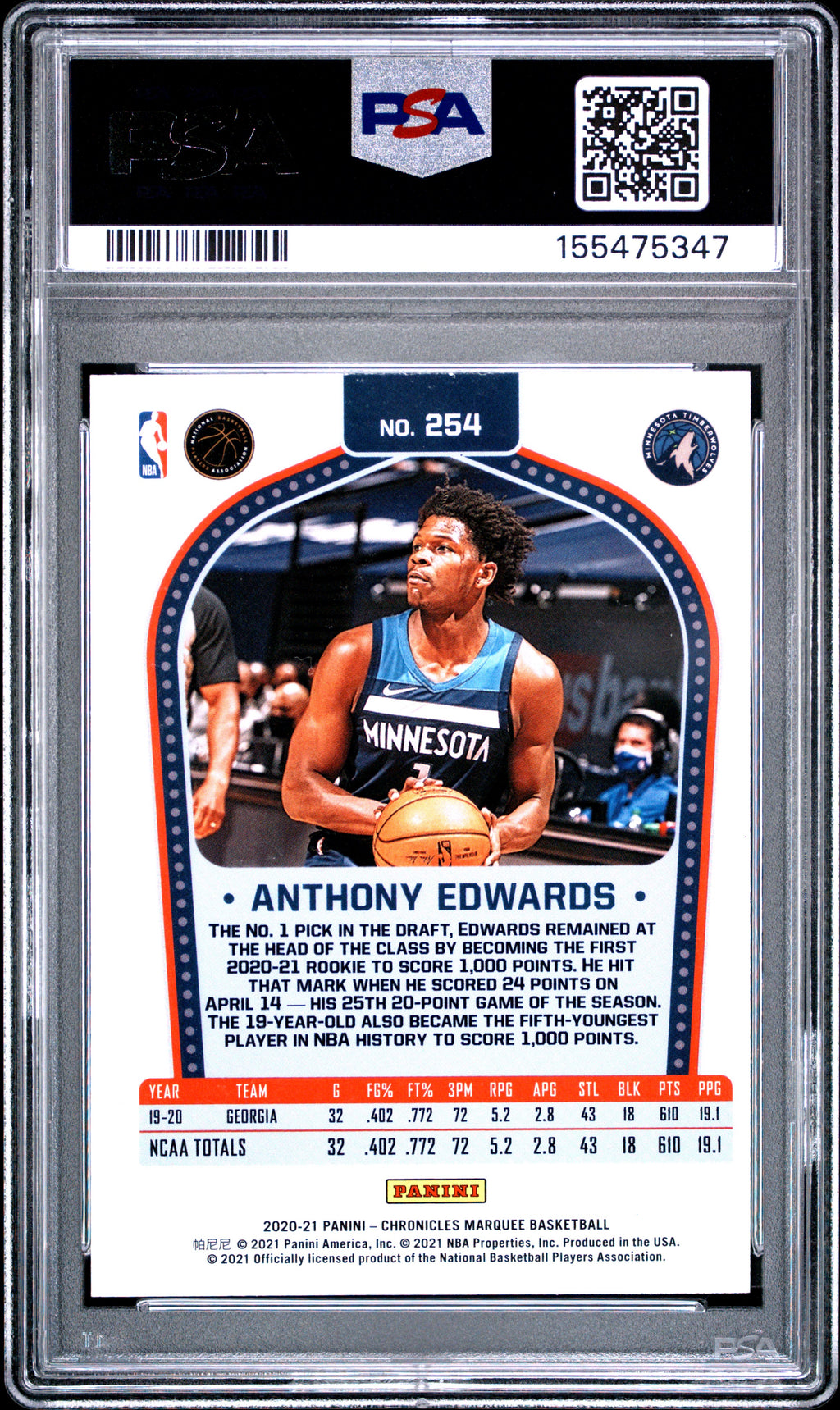 2020 Panini Chronicles #254 Anthony Edwards PSA 8