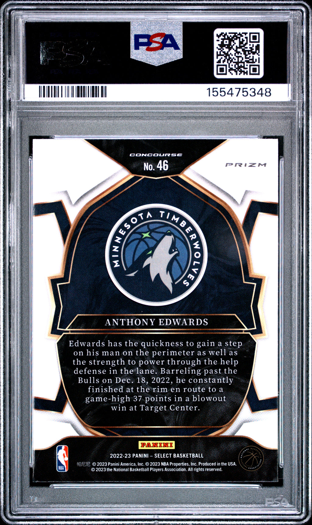 2022 Panini Select #46 Anthony Edwards Blue Cracked Ice PSA 10