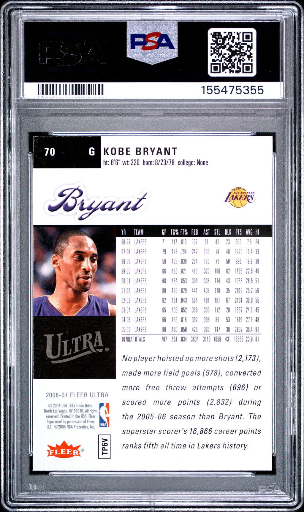 2006 Ultra #70 Kobe Bryant PSA 8.5