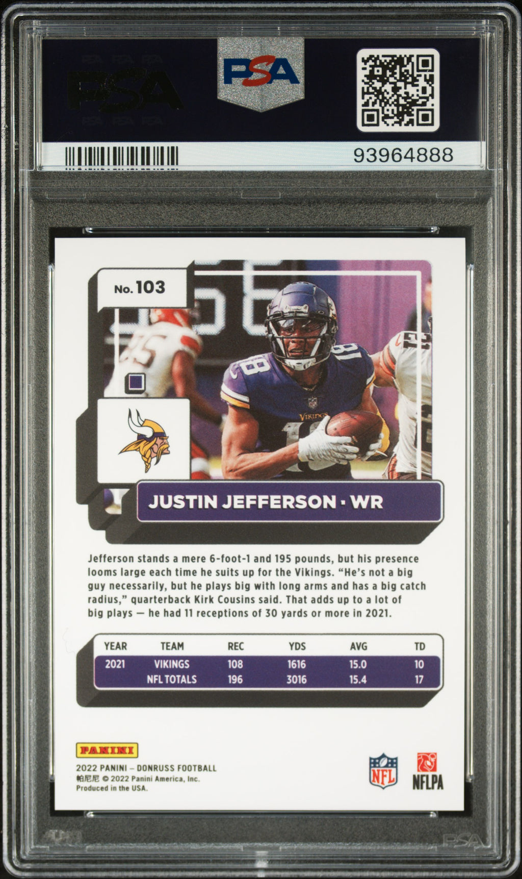 2022 Panini Donruss #103 Justin Jefferson Press Proof Premium PSA 10