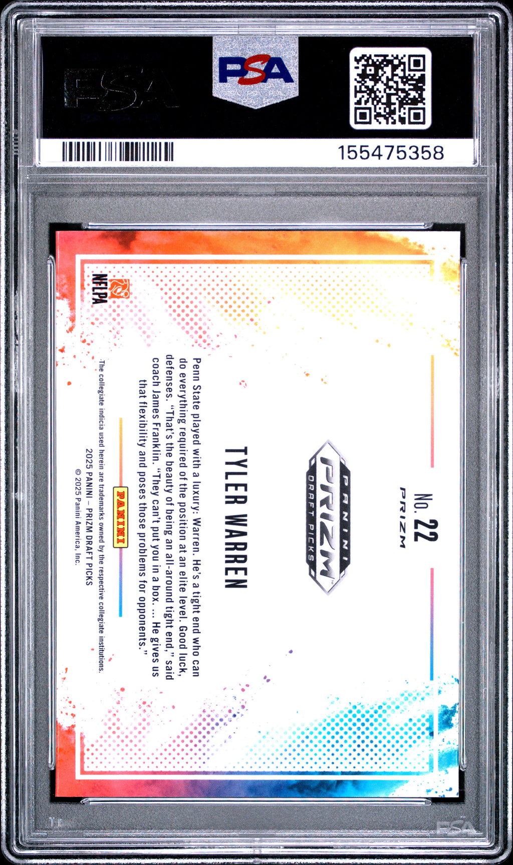 2025 Panini Prizm Draft Picks Black Color Blast #22 Tyler Warren PSA 10