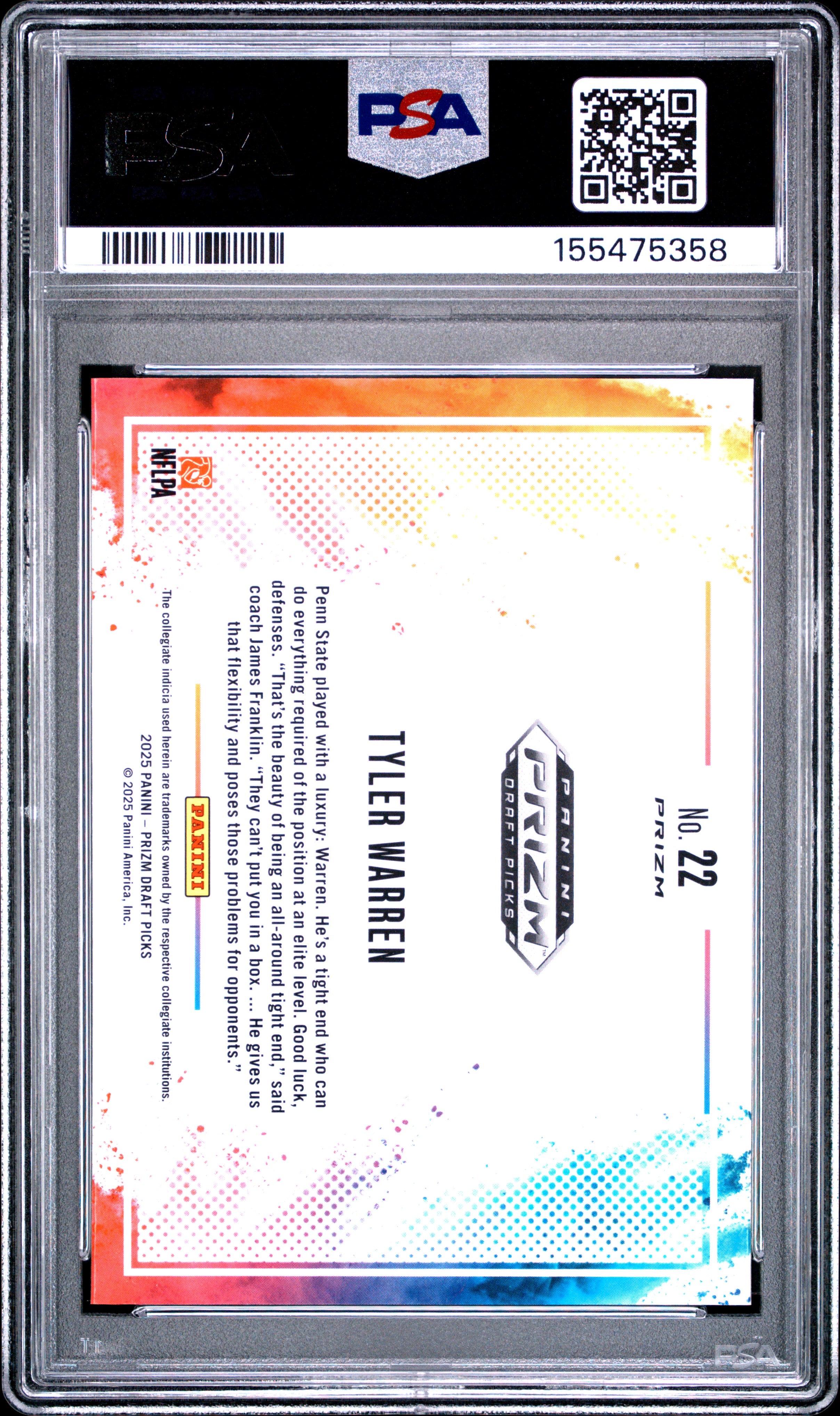 2025 Panini Prizm Draft Picks Black Color Blast #22 Tyler Warren PSA 10
