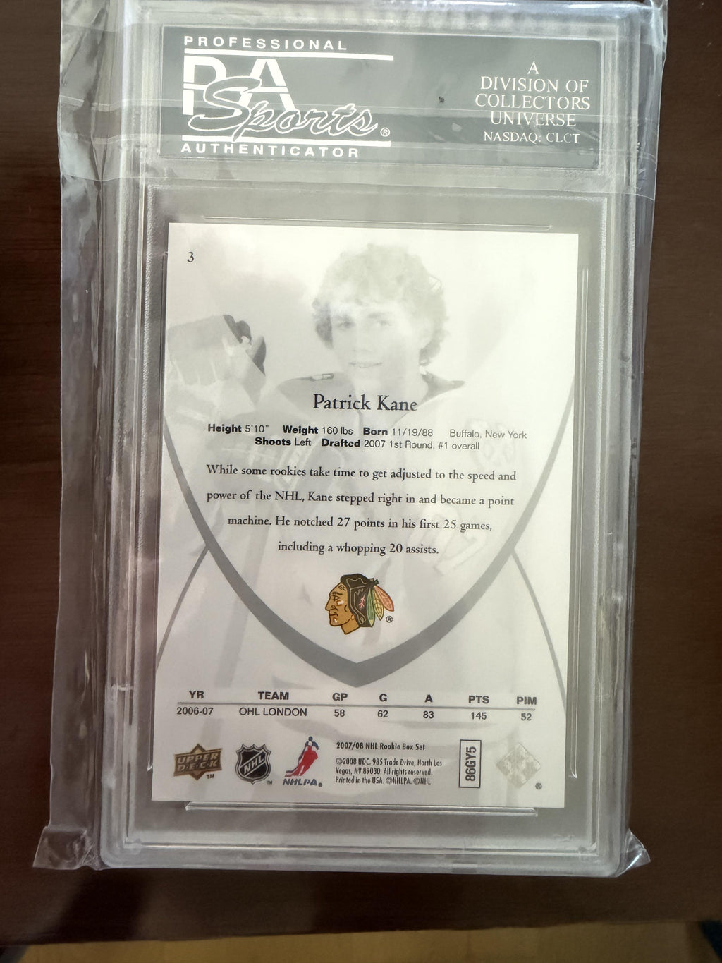 2007-08 Upper Deck Rookie Class Box Set #3 Patrick Kane PSA 10
