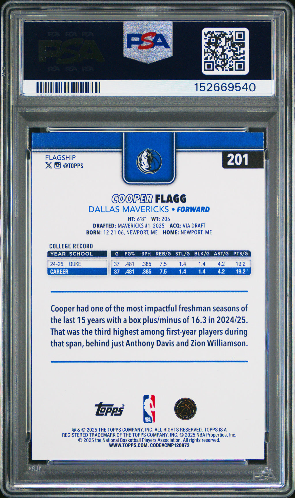 2025 Topps #201 Cooper Flagg PSA 9