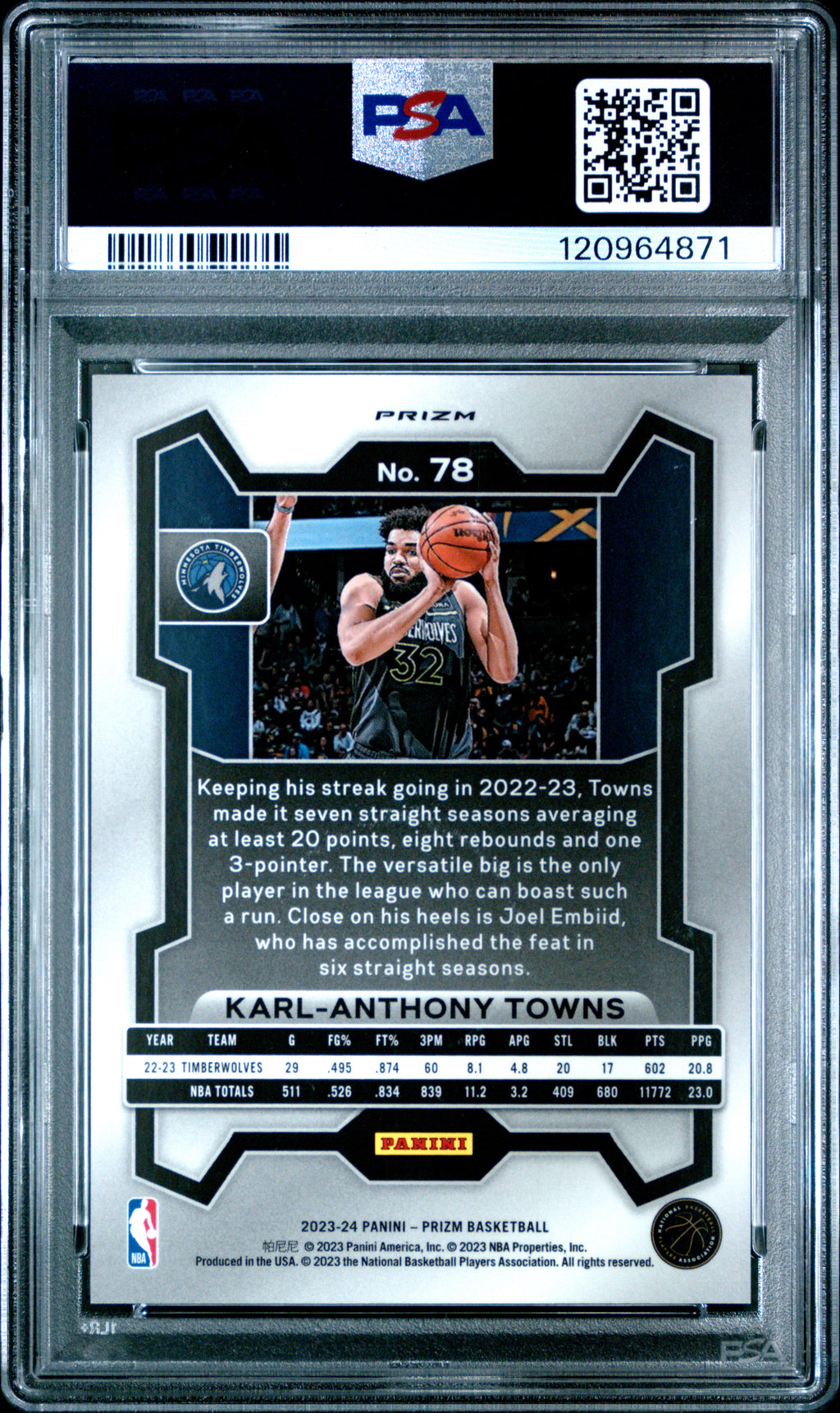 2023 Panini Prizm #78 Karl-Anthony Towns King Snake PSA 10