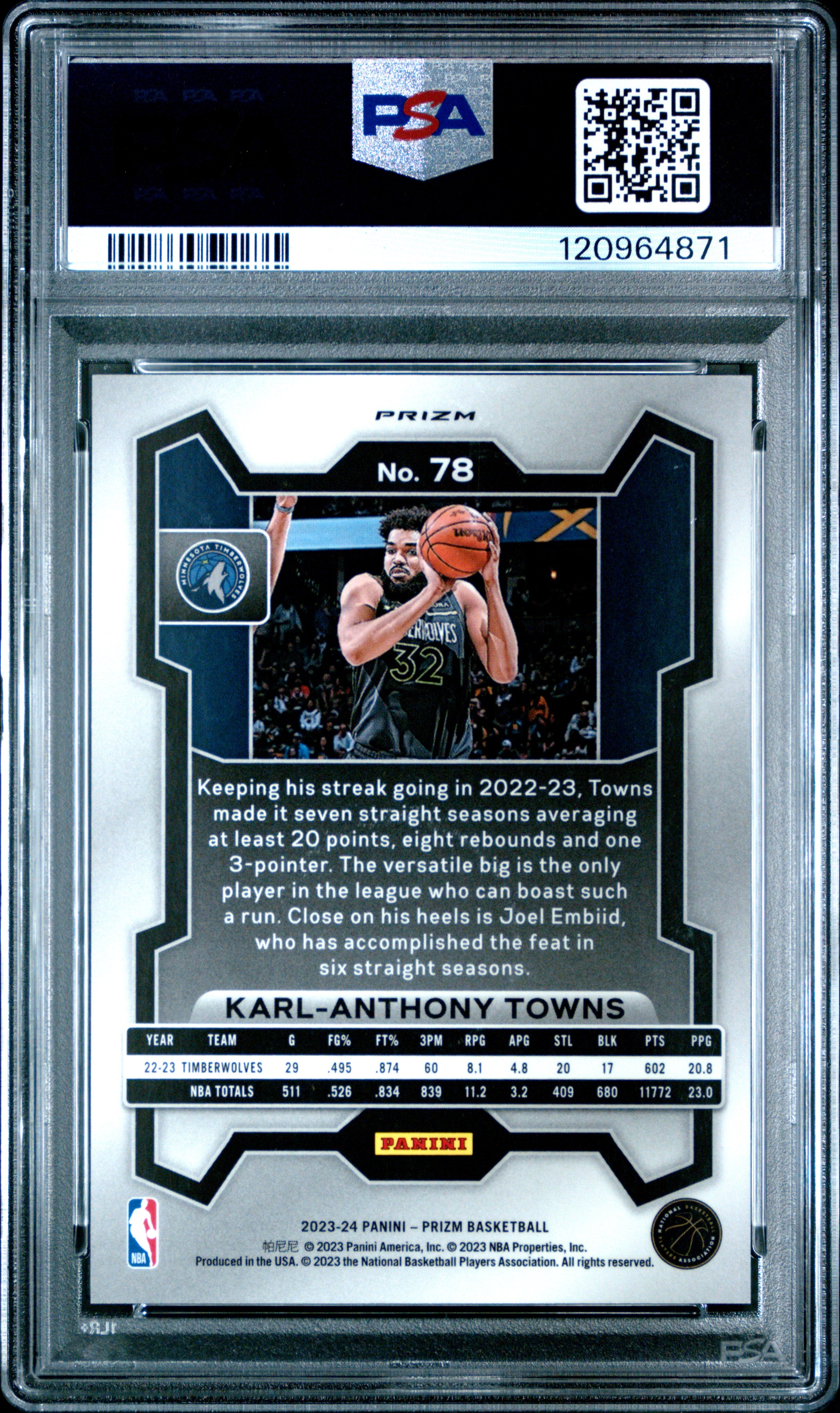 2023 Panini Prizm #78 Karl-Anthony Towns King Snake PSA 10