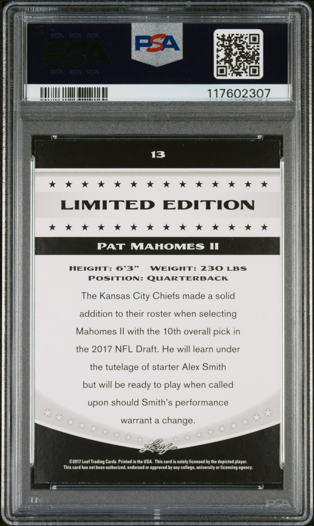 2017 Leaf Special Release Limited Edition #13 Pat Mahomes Limited Edition PSA 7
