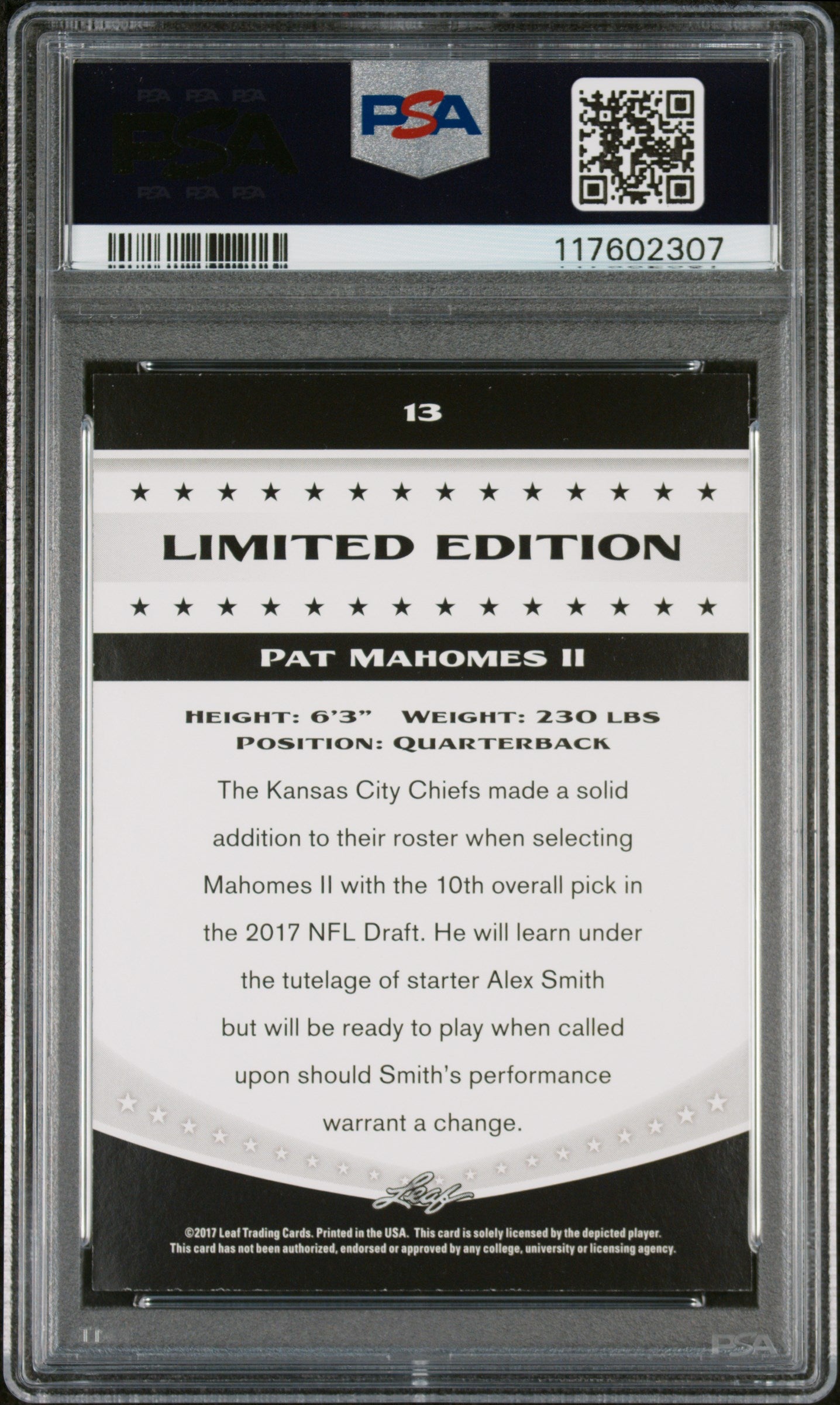 2017 Leaf Special Release Limited Edition #13 Pat Mahomes Limited Edition PSA 7