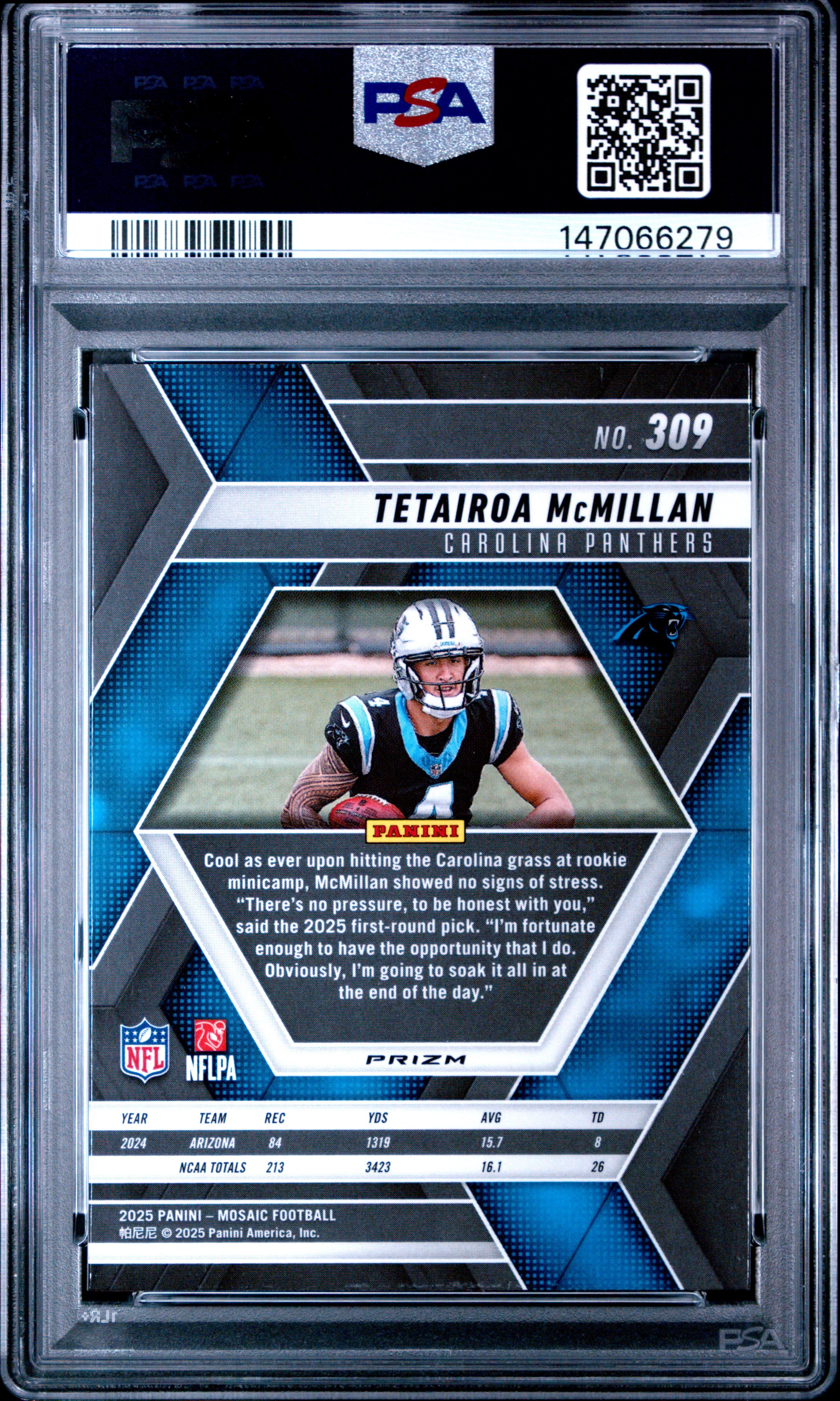 2025 Panini Mosaic #309 Tetairoa Mcmillan Red & White Stripe PSA 10