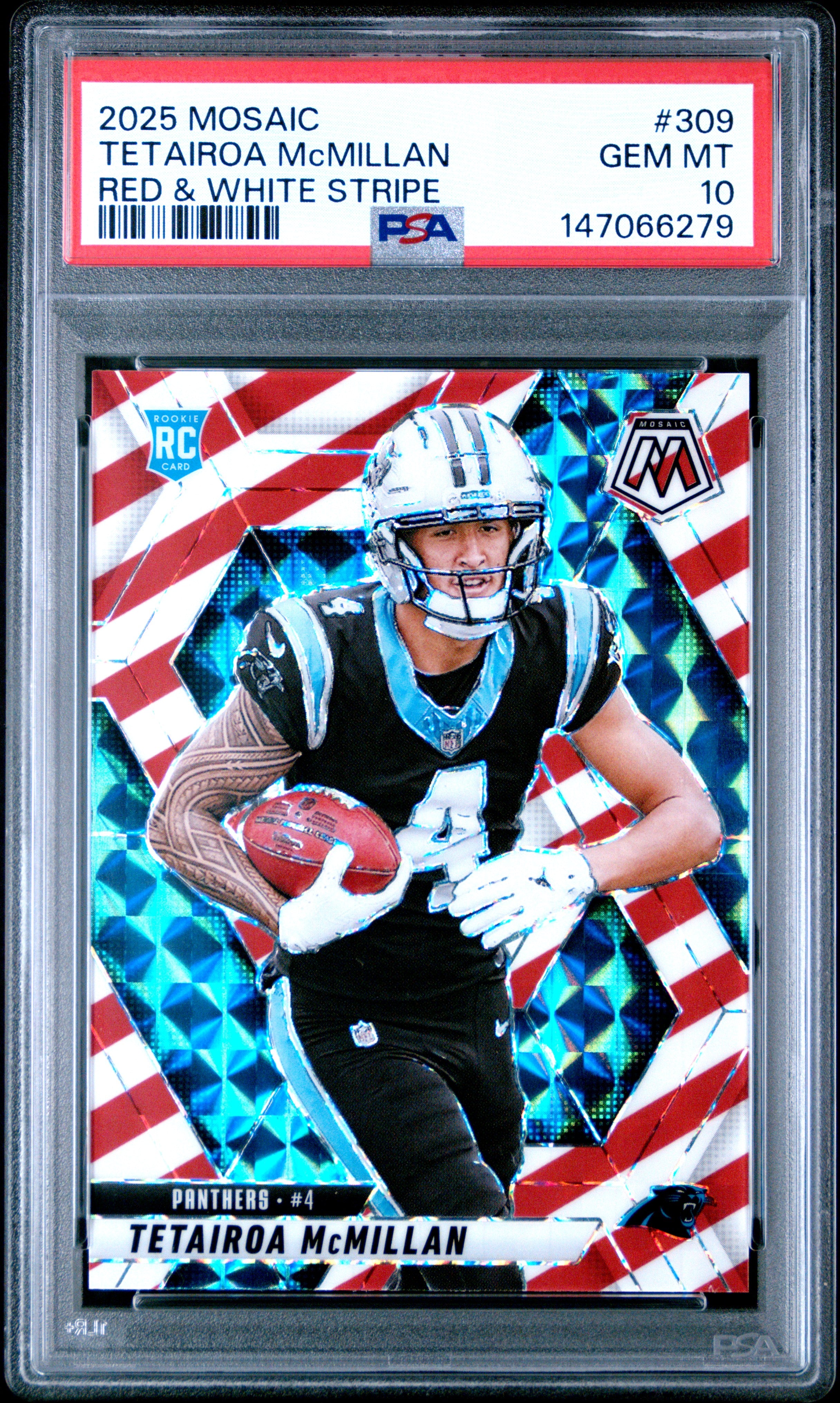 2025 Panini Mosaic #309 Tetairoa Mcmillan Red & White Stripe PSA 10
