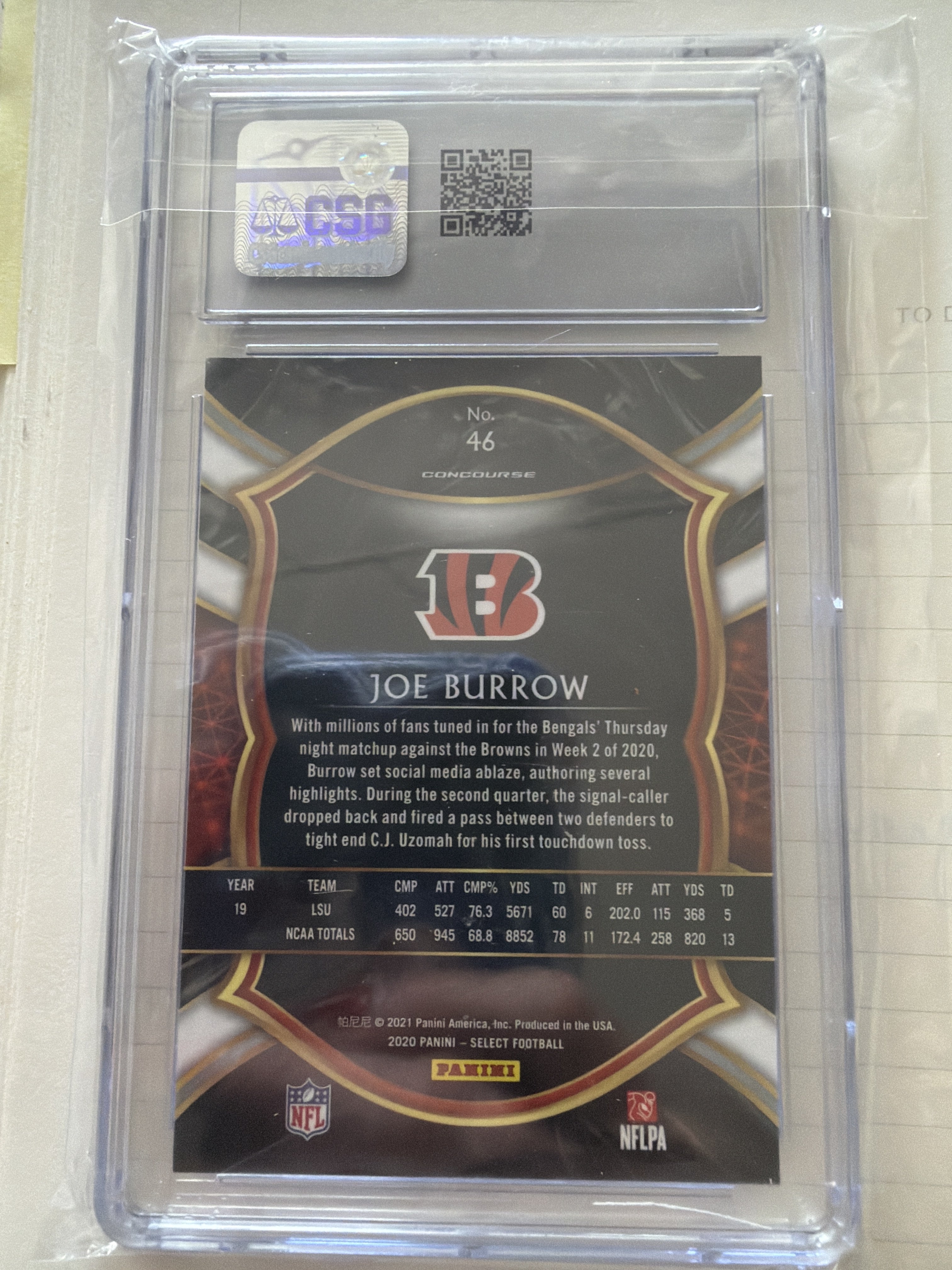 Rookie Card Joe Burrow Panini Select CSG 10