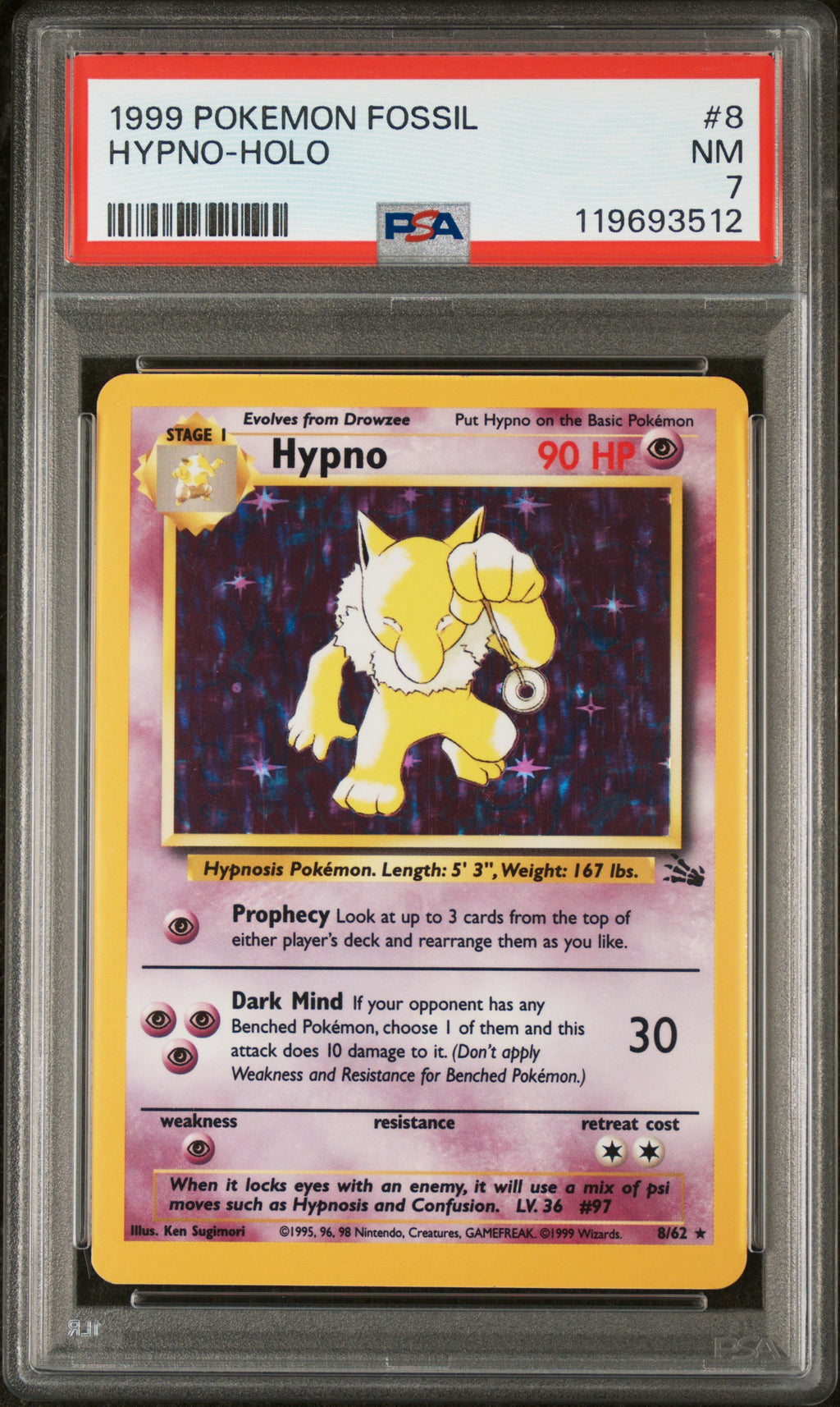 1999 Pokemon Fossil #8 Hypno-Holo PSA 7