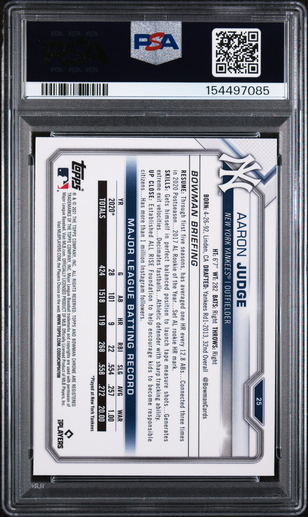 2021 Bowman Chrome #25 Aaron Judge PSA 10