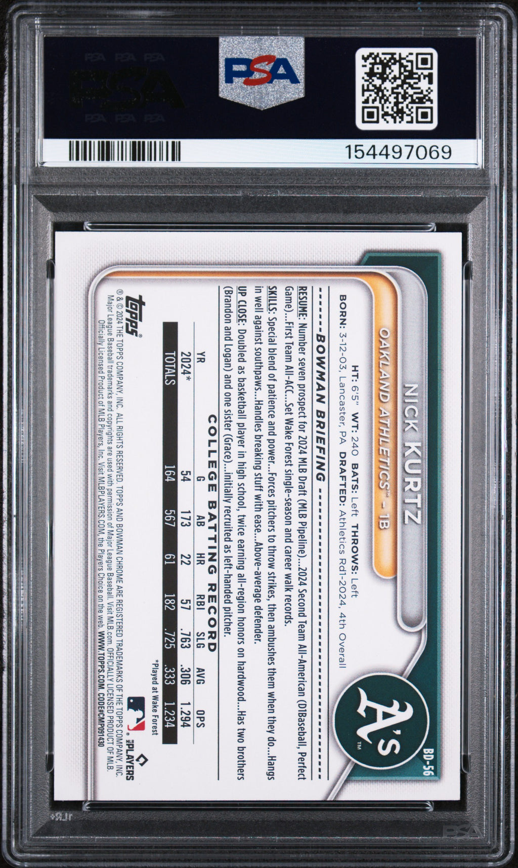 2024 Bowman Draft #BD56 Nick Kurtz PSA 10