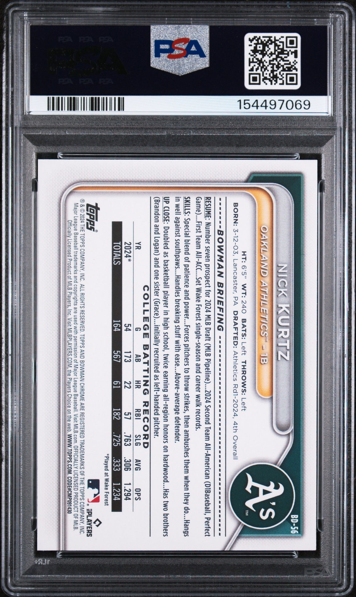 2024 Bowman Draft #BD56 Nick Kurtz PSA 10