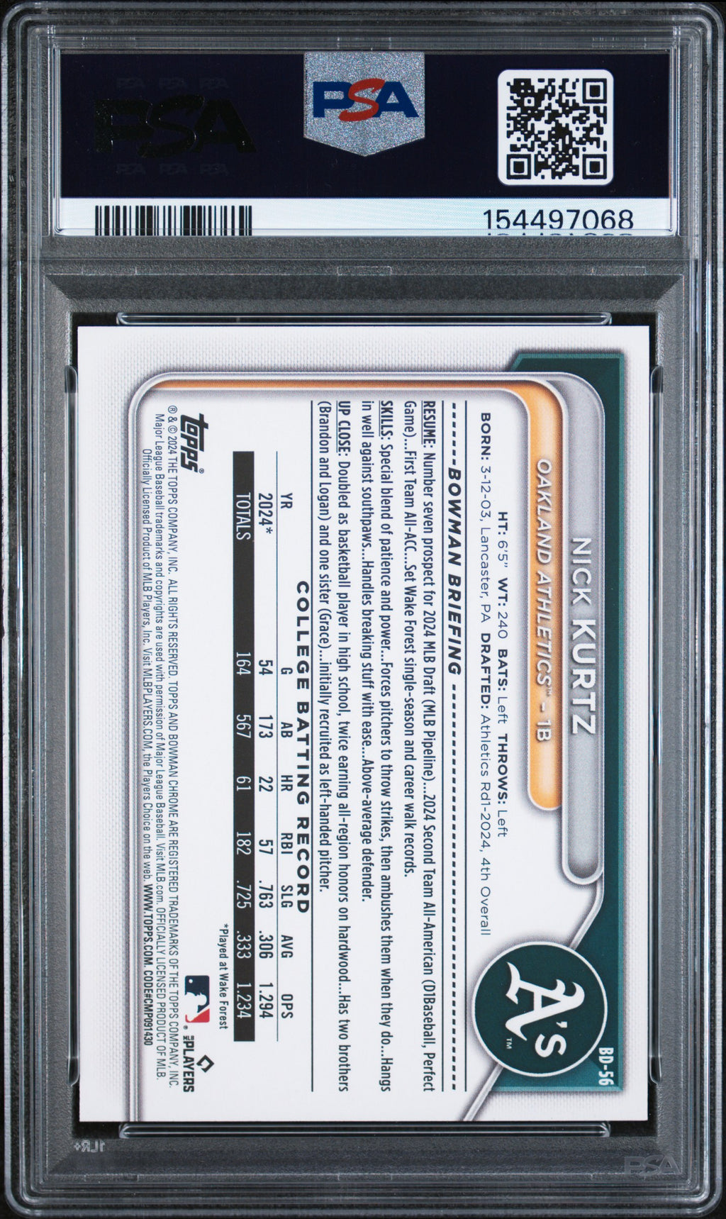2024 Bowman Draft #BD56 Nick Kurtz PSA 10