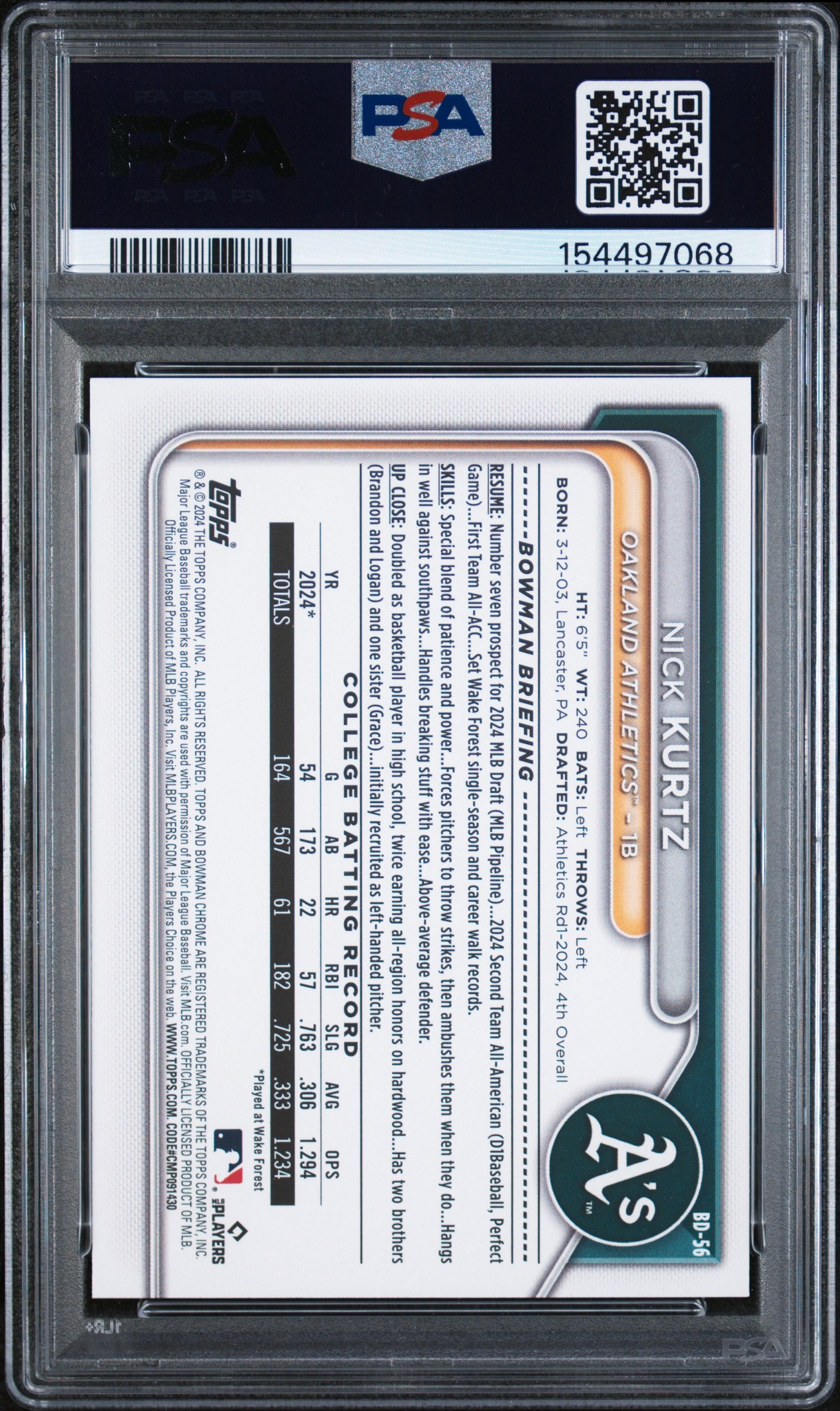 2024 Bowman Draft #BD56 Nick Kurtz PSA 10