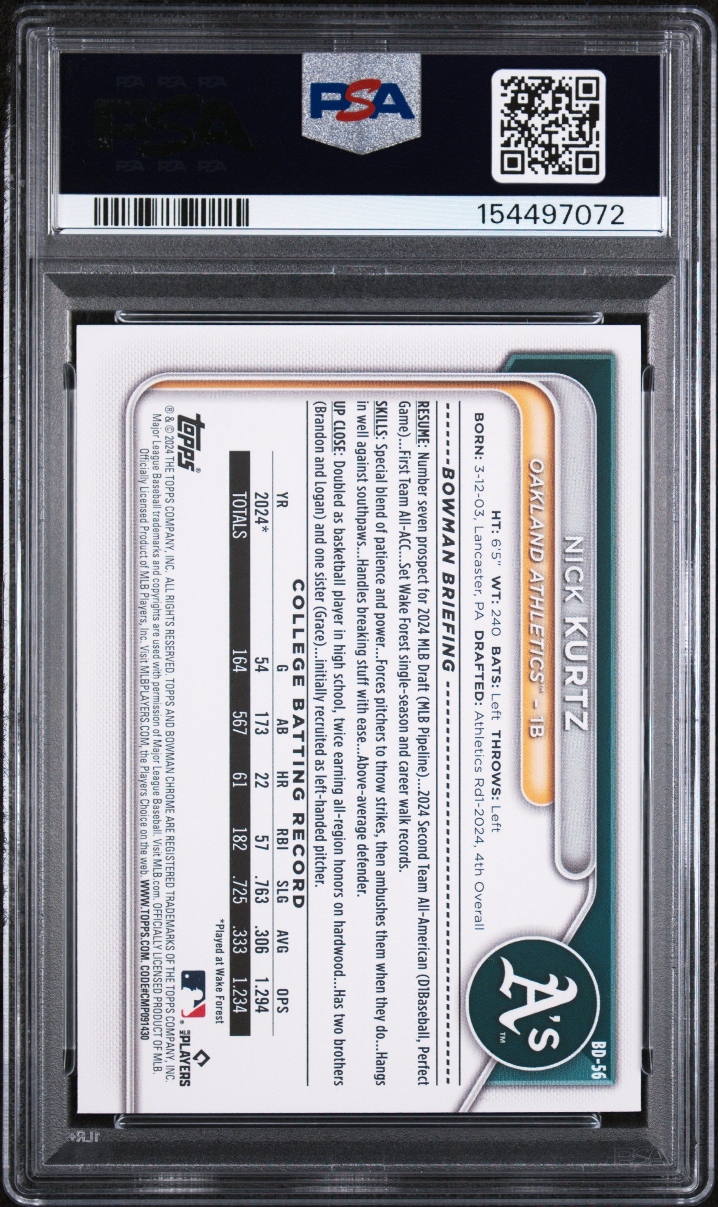(#97072) 2024 Bowman Draft #BD56 Nick Kurtz PSA 10