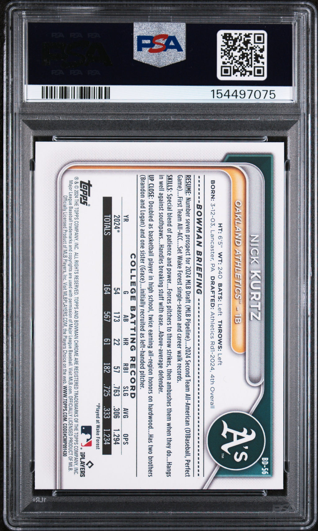 2024 Bowman Draft #BD56 Nick Kurtz PSA 10