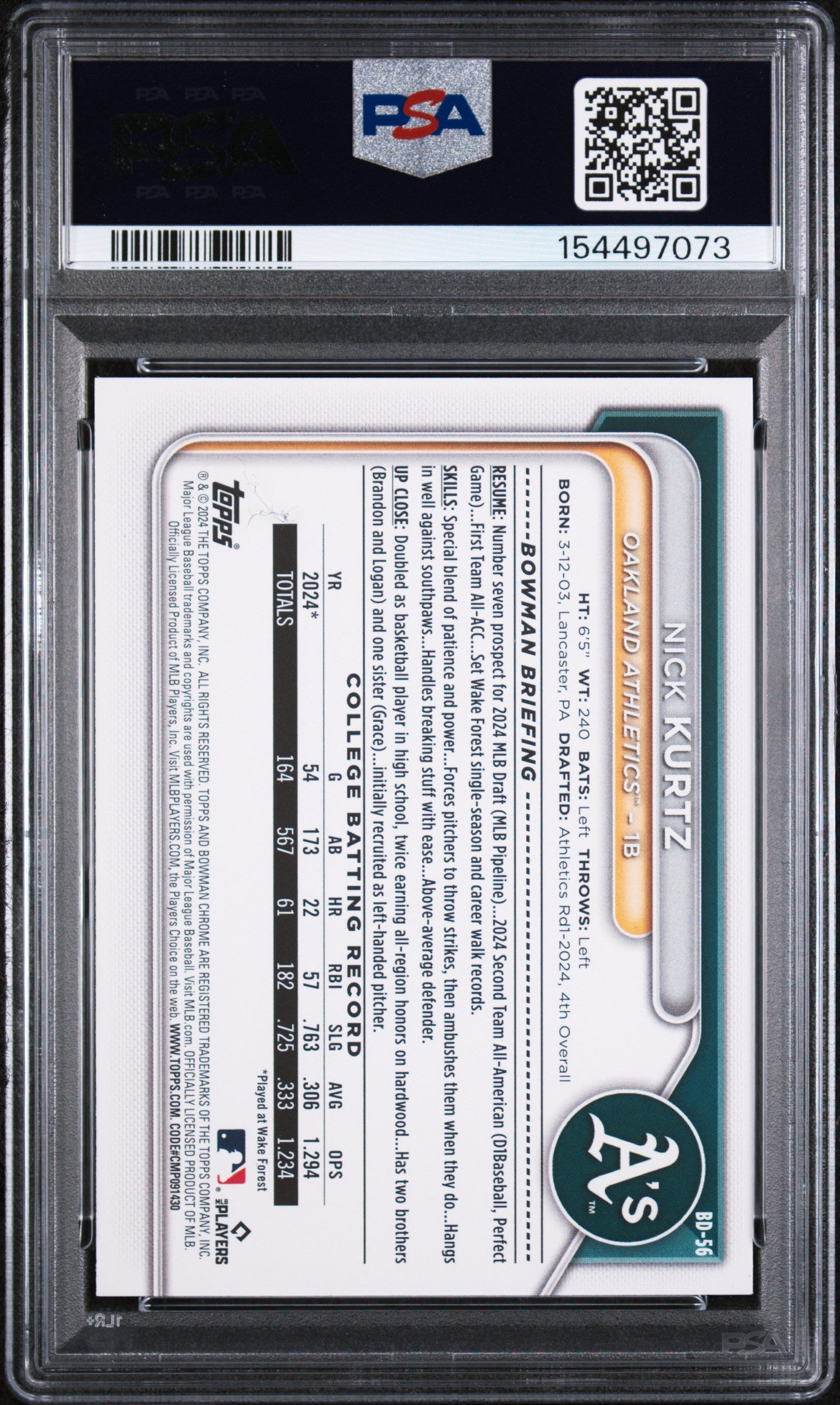 (#97073) 2024 Bowman Draft #BD56 Nick Kurtz PSA 10
