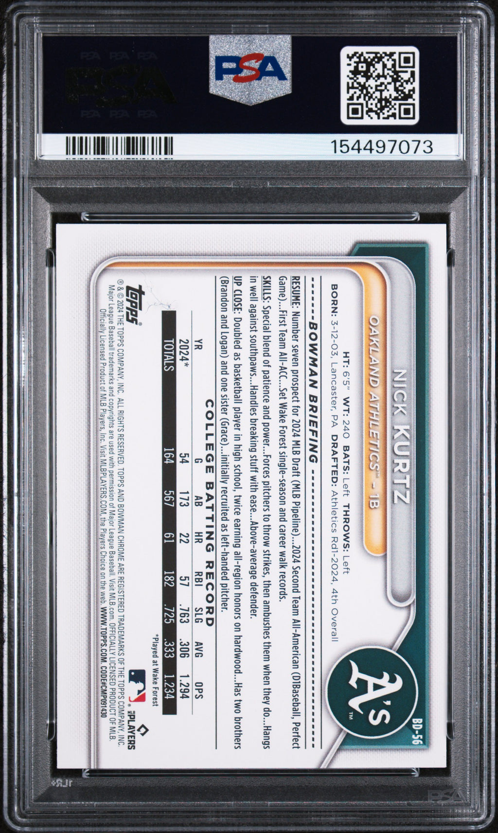 2024 Bowman Draft #BD56 Nick Kurtz PSA 10