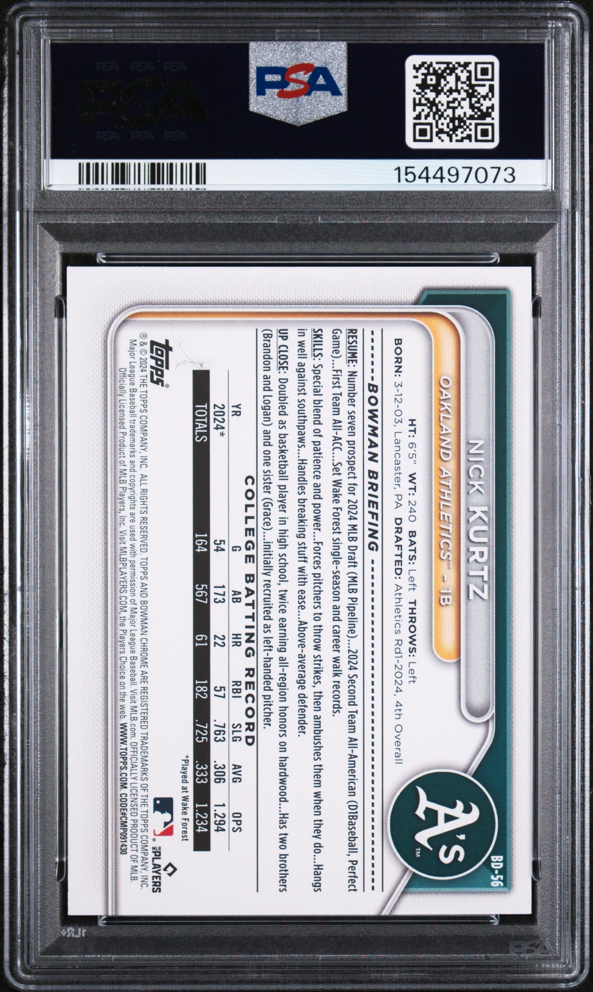 2024 Bowman Draft #BD56 Nick Kurtz PSA 10