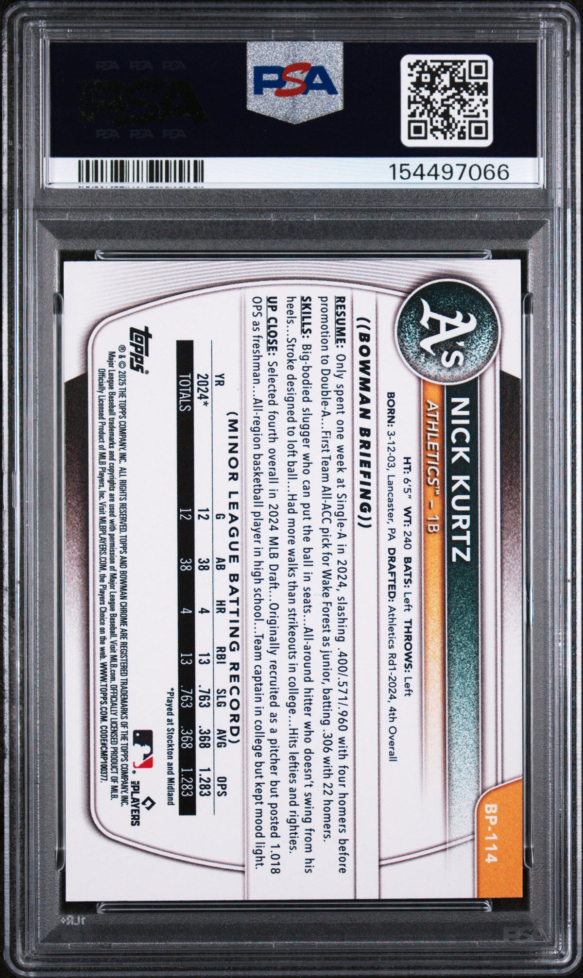 2025 Bowman Paper Prospects #BP114 Nick Kurtz PSA 10