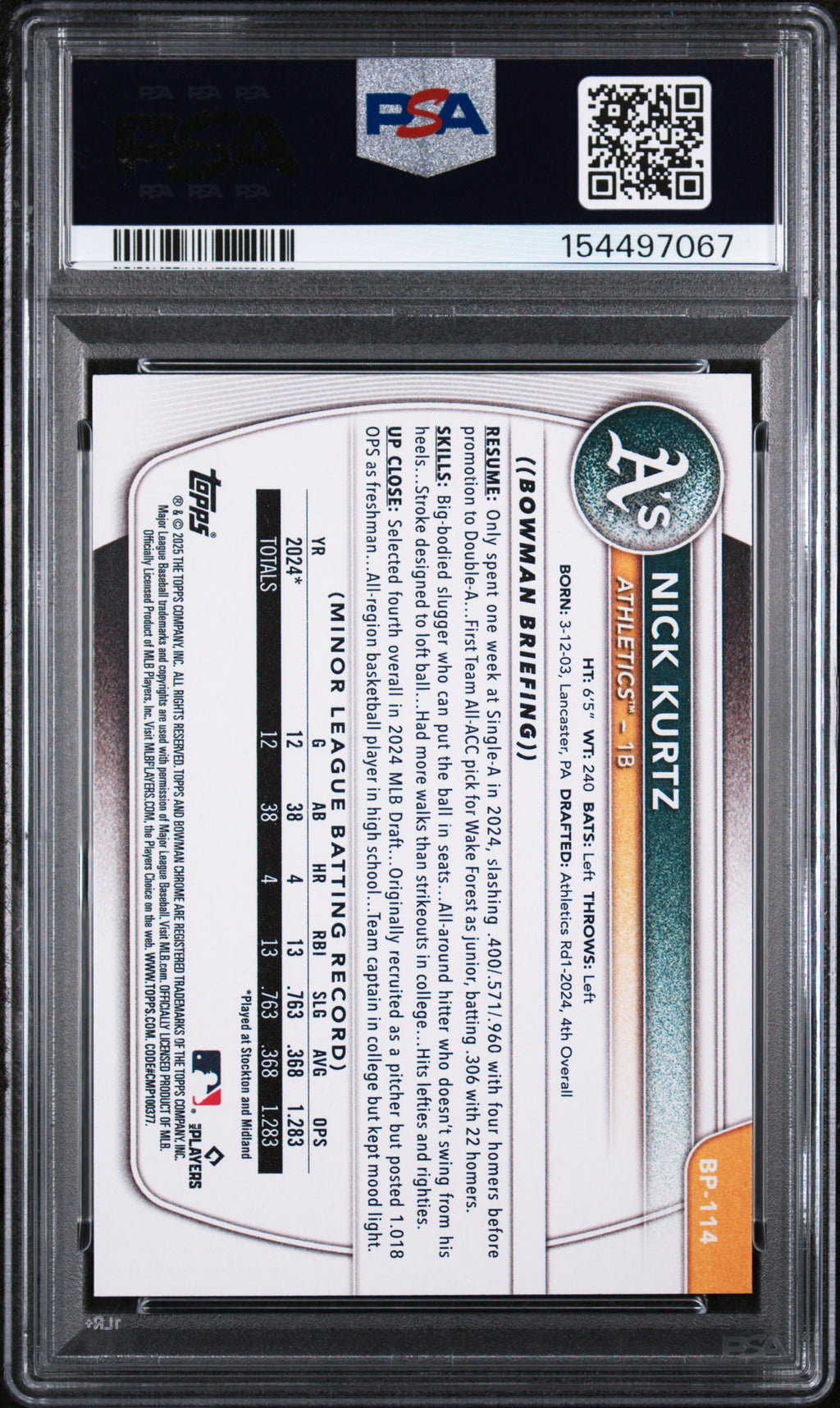 (#97067) 2025 Bowman Paper Prospects #BP114 Nick Kurtz PSA 10
