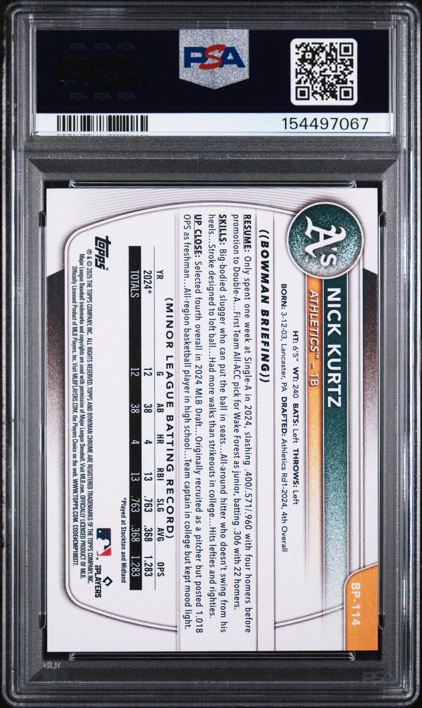 (#97067) 2025 Bowman Paper Prospects #BP114 Nick Kurtz PSA 10