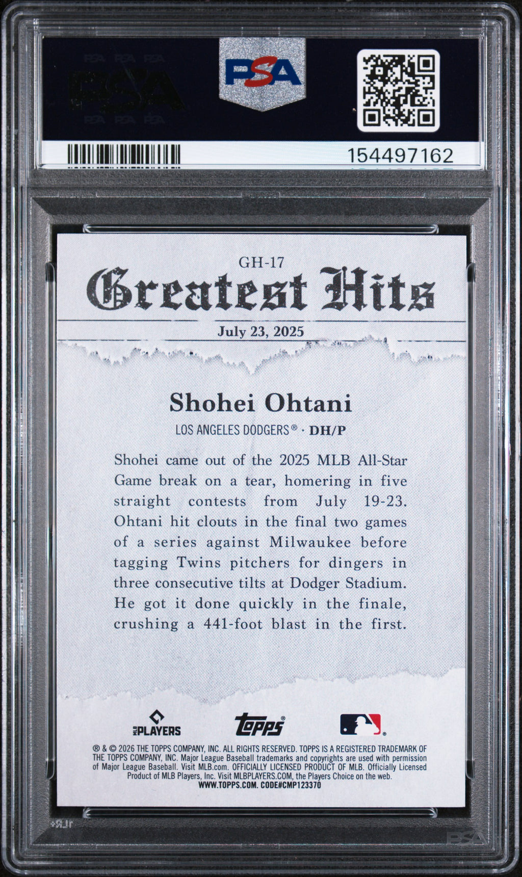 (#97162) 2026 Topps 2025 Greatest Hits #17 Shohei Ohtani PSA 10