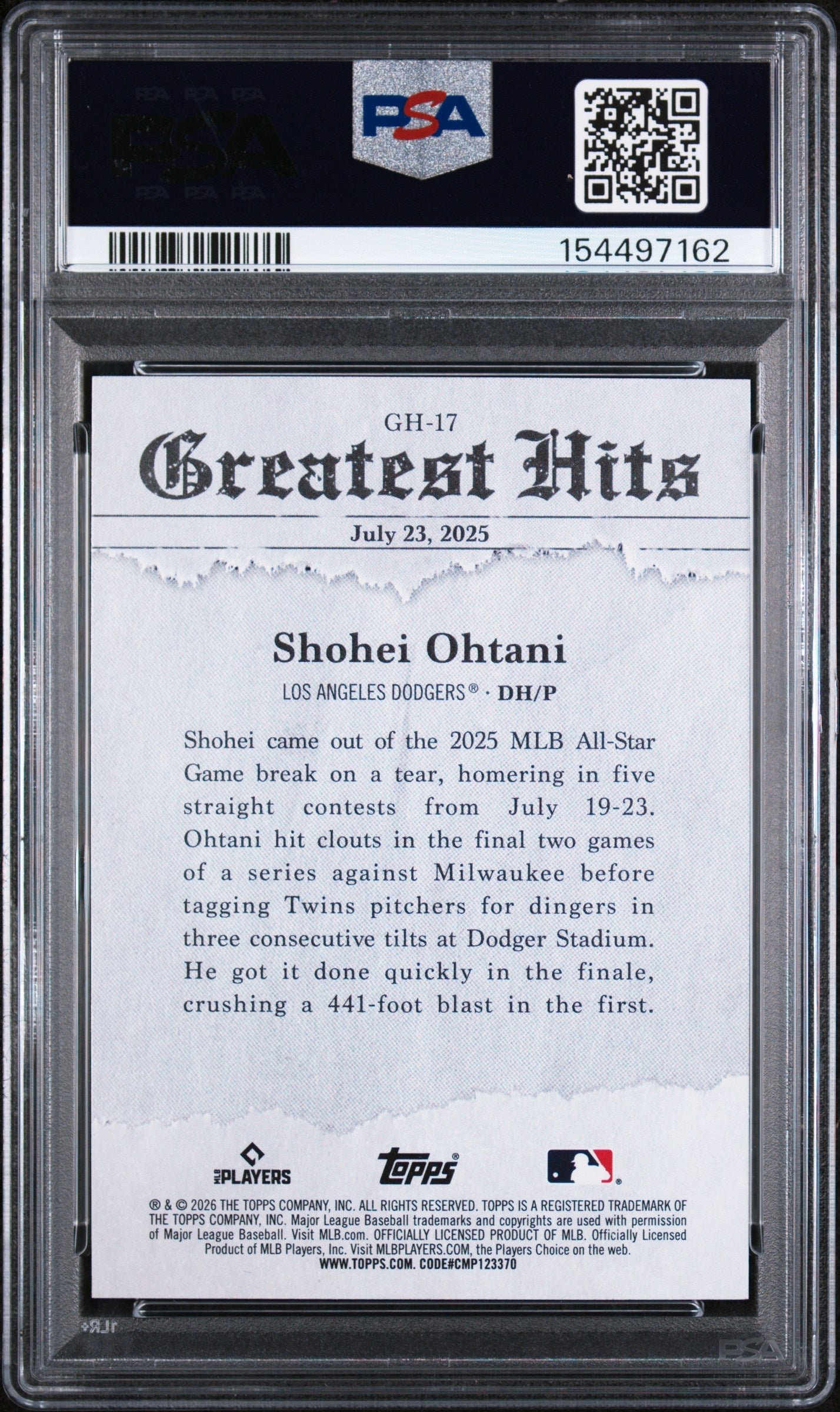(#97162) 2026 Topps 2025 Greatest Hits #17 Shohei Ohtani PSA 10