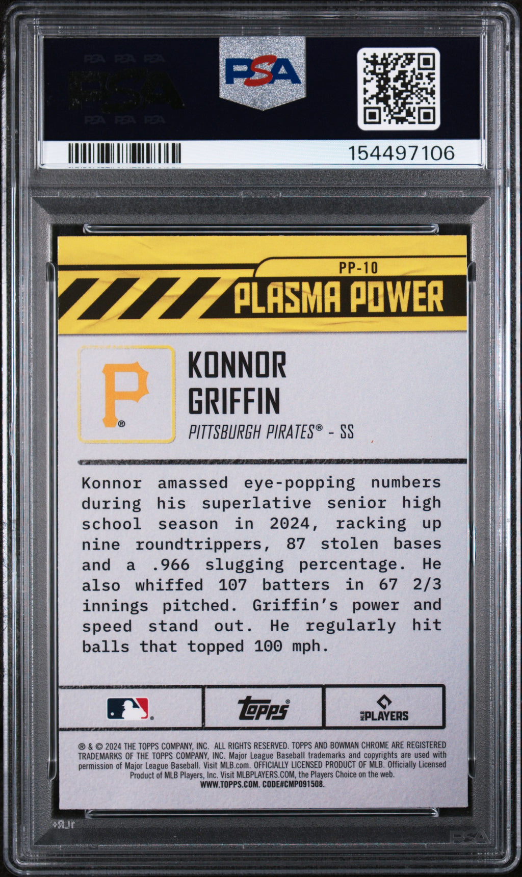 (#97106) Konnor Griffen 2024 Bowman Draft Plasma Power #PP10 PSA 9