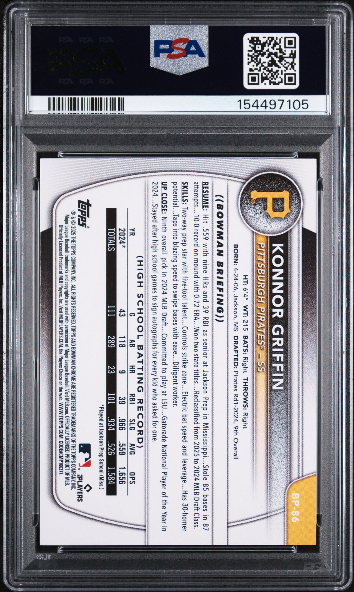 2025 Bowman Paper Prospects #BP86 Konnor Griffin PSA 10