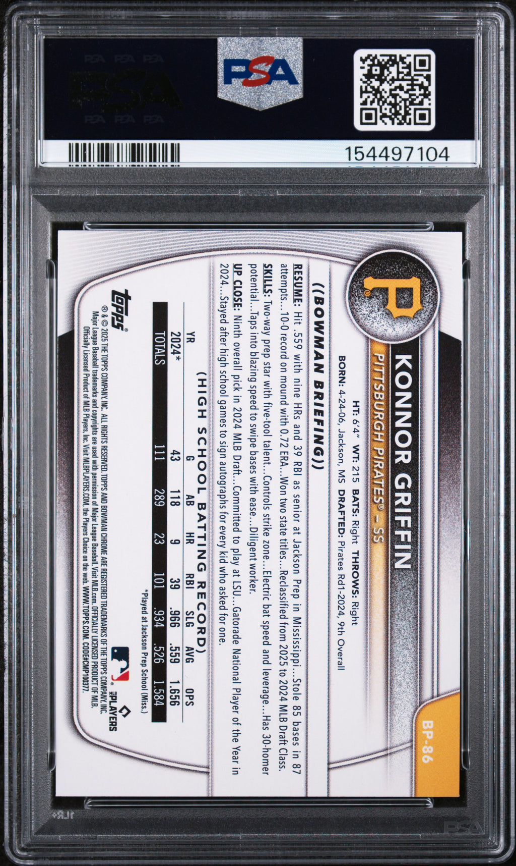 2025 Bowman Paper Prospects #BP86 Konnor Griffin PSA 10