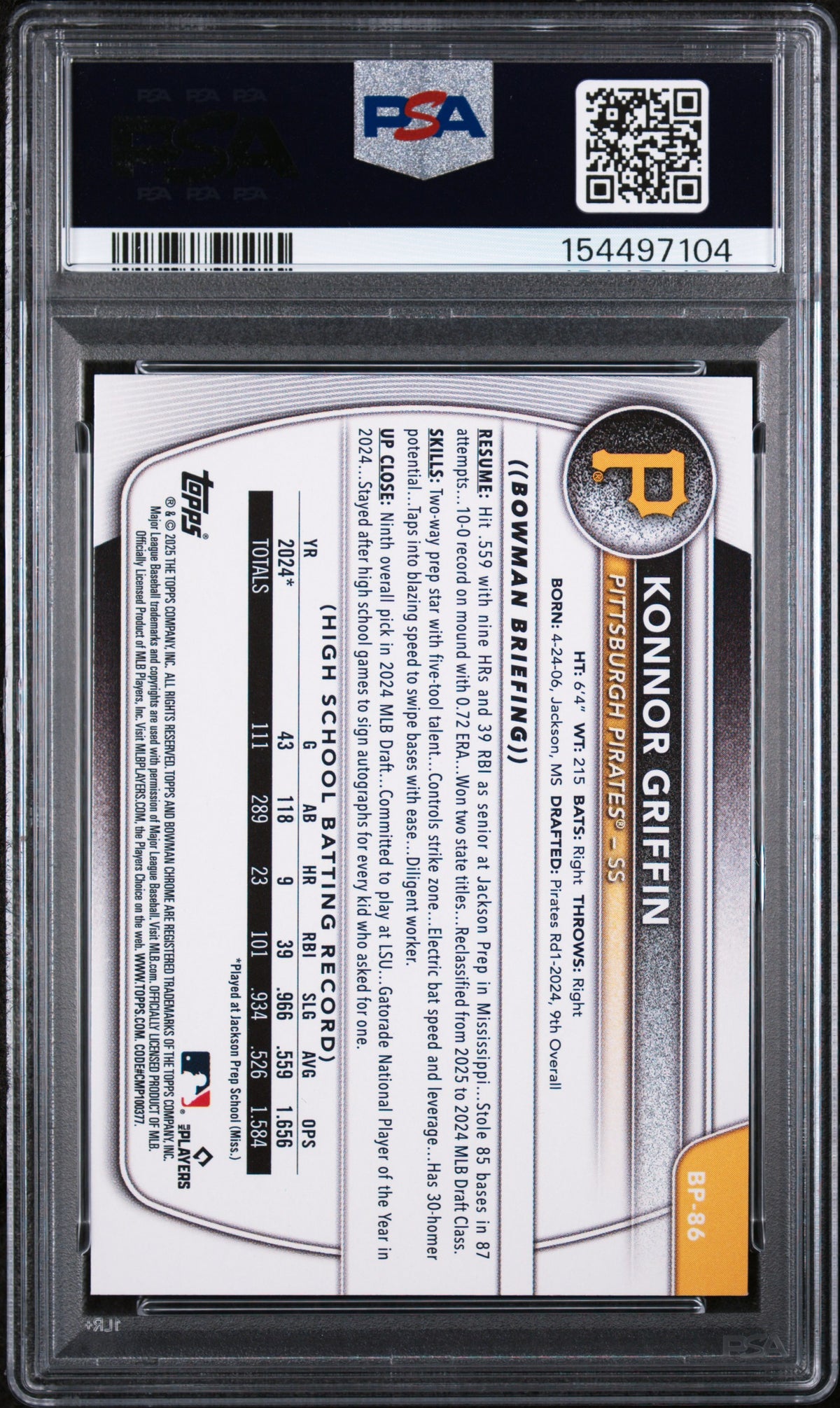2025 Bowman Paper Prospects #BP86 Konnor Griffin PSA 10