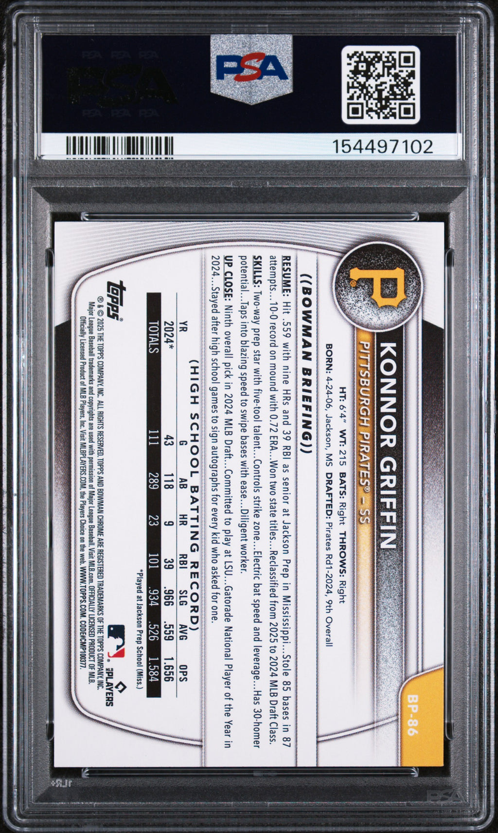 2025 Bowman Paper Prospects #BP86 Konnor Griffin PSA 10