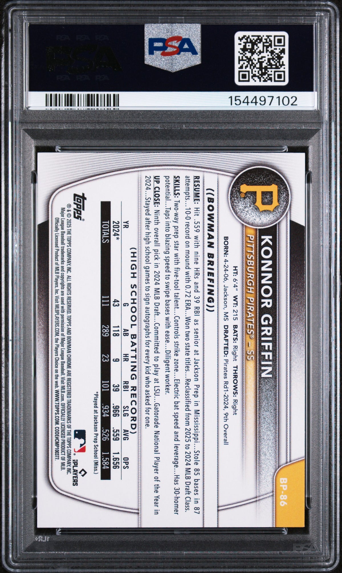 2025 Bowman Paper Prospects #BP86 Konnor Griffin PSA 10
